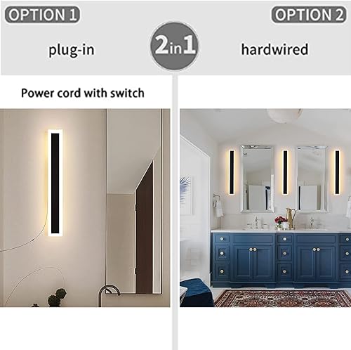 Miniatura 5 de Moderno aplique de pared enchufable para interiores y exteriores, lámpara LED de pared negra mate de 59 pulgadas, 48 W, blanco cálido, 3000 K, cable