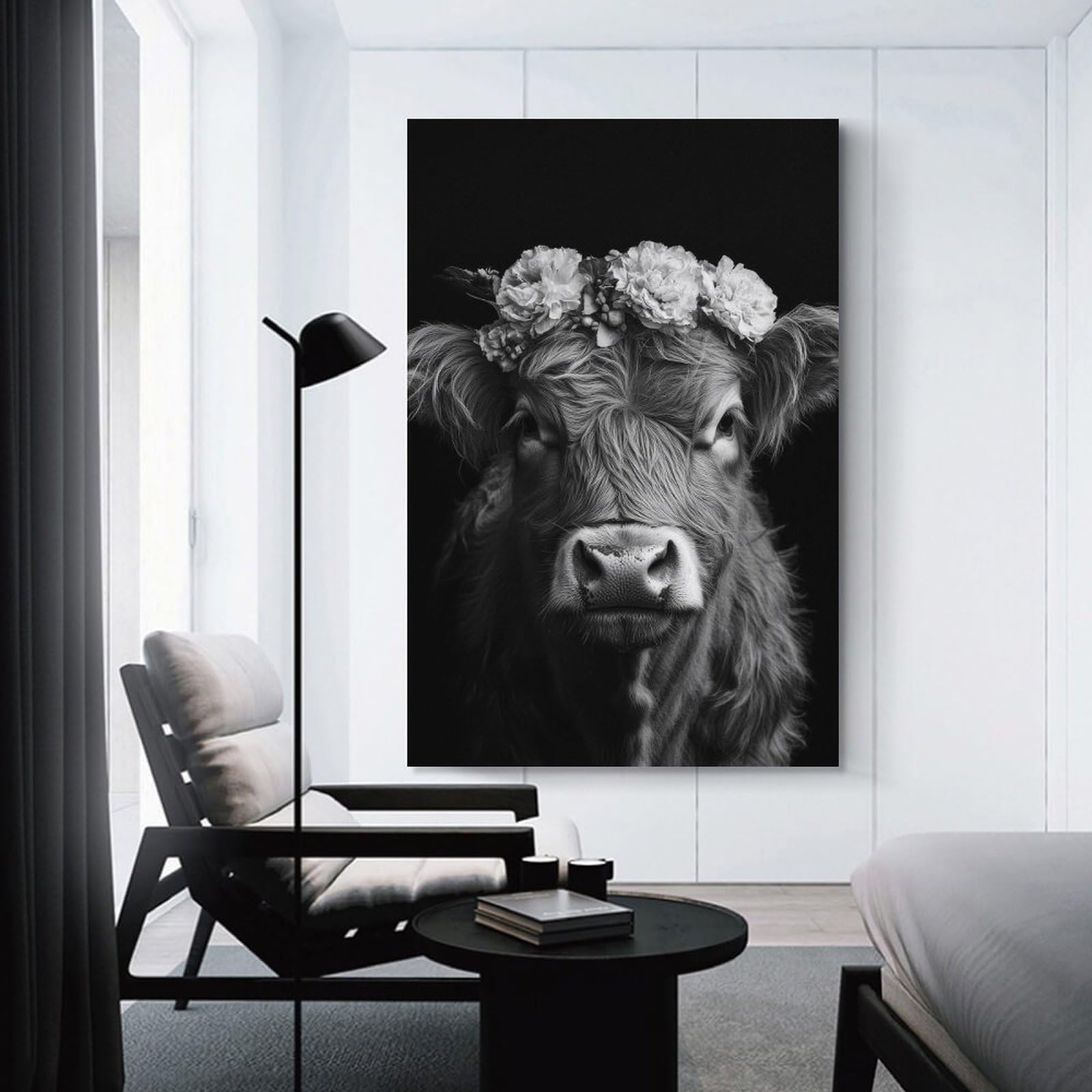 Junmoney Unframe-Style-24 Highland Cow With Flower Crown Black And White Photo Portrait Wall Picture Print 16X24inch(40X60cm), For Lounge Decor, Offices Or Entryway Styling, Versatile Wall Decor For Many Rooms