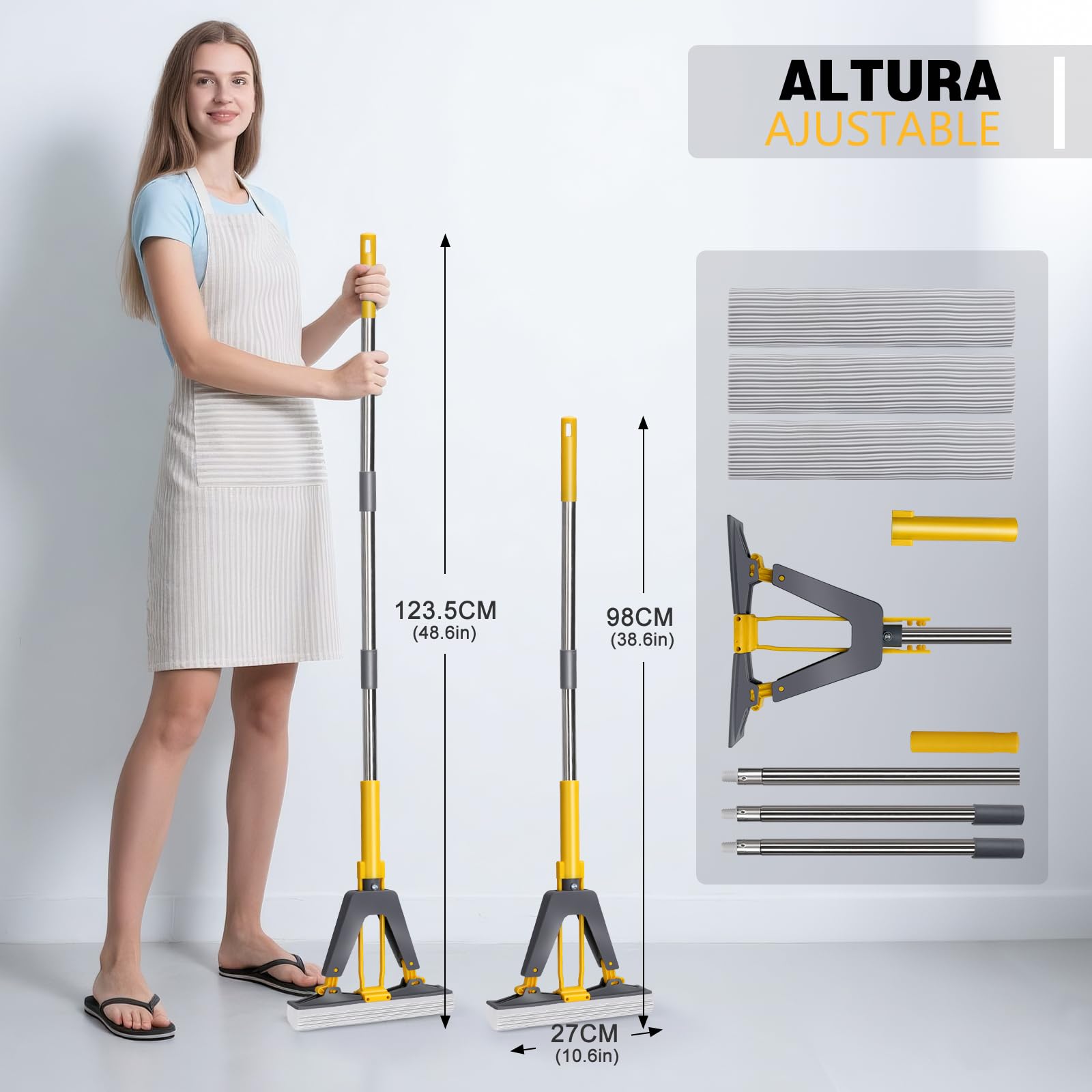 Masthome Fregona de Esponja con Mango de 130 cm, Fregona Absorbente con 3 Cabezas de Esponja, Esponja para Limpieza del Suelo, Mopa Fregona para Baldosas, Laminado, Limpieza de Suelos de Madera Dura — view 6