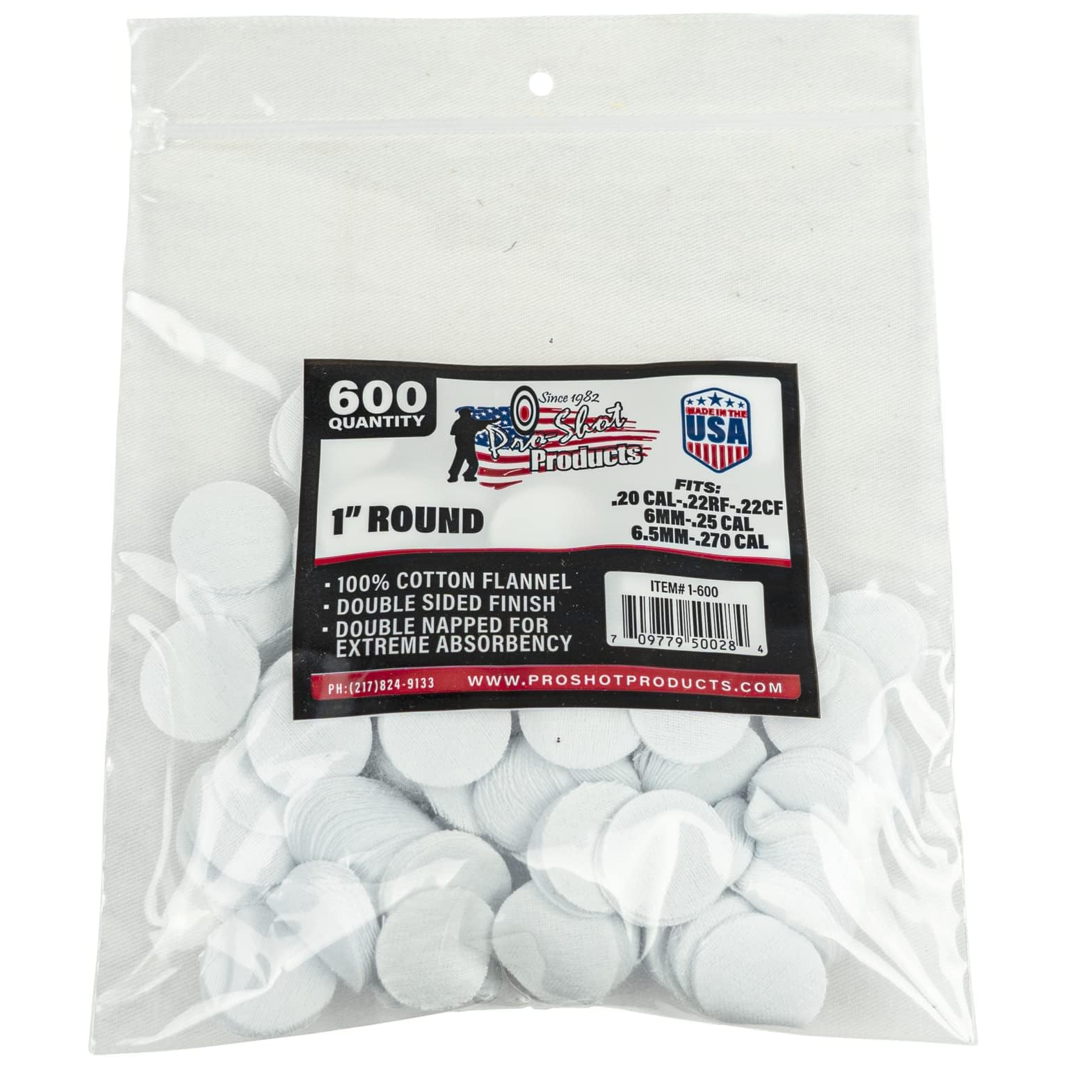 Pro Shot Gun Care Flannel Gun Cleaning 600 Count Patches (.22-.270 Caliber 1-Inch RD.), White