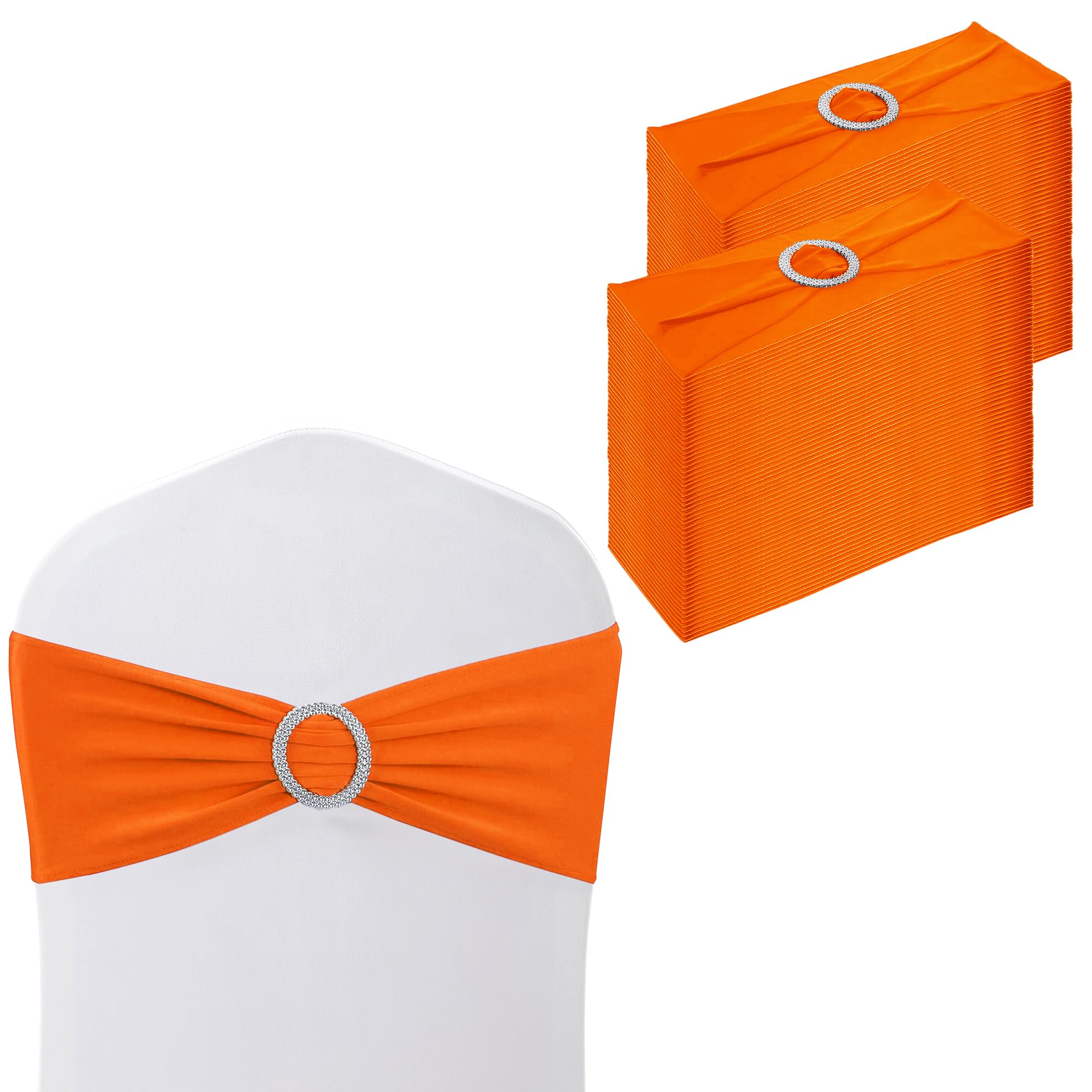 WedDecor Stretch Chair Bands Plain Spandex Band with Slider Buckle for Wedding Party Chair Decoration, Events Supplies, Formal Meeting, Orange, 13 x 6 Inches, 100pcs