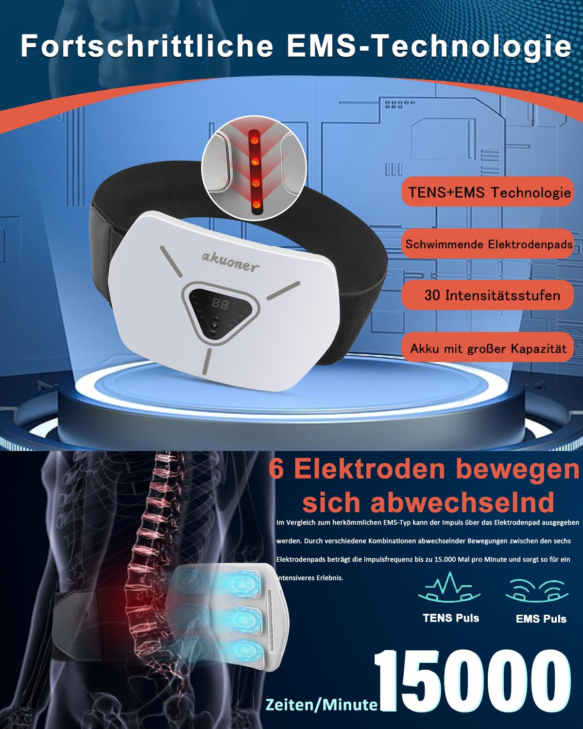 EMS Muskelstimulator, EMS Trainingsgerät, integrierter EMS Bauchtrainer, 8 Modi und 30 Stufen, elektrischer EMS Bauchmuskeltrainer für Männer und Frauen