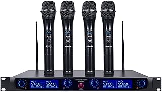 Sound Town Sistema de micrófono inalámbrico UHF profesional de 4 canales con receptor de metal montado en estante y 4 micrófonos de mano, para iglesia, escuela, boda al aire libre, reunión, fiesta y