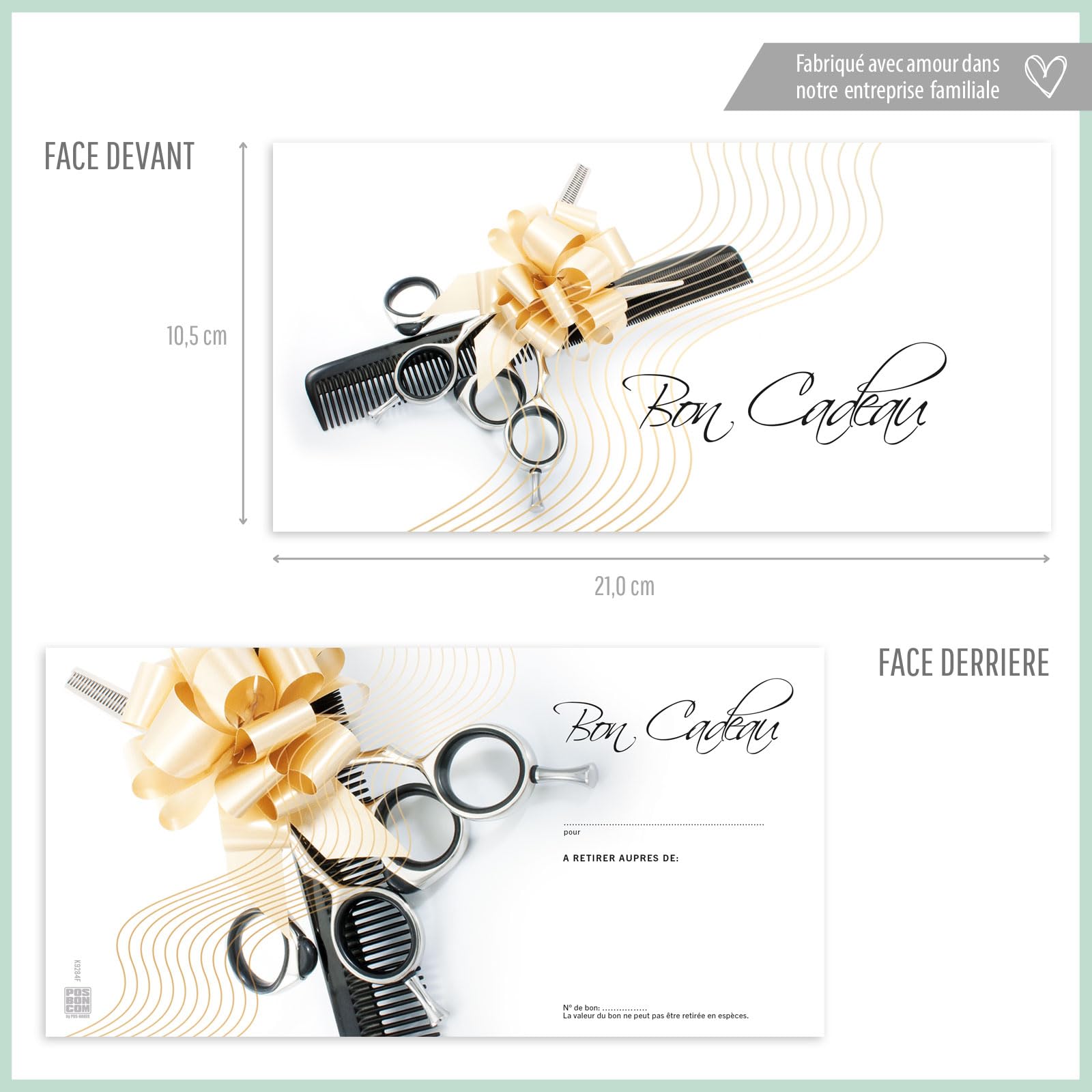 POS BON. 100 formulaires pour créer vos propres bons cadeaux + enveloppe + nœuds ruban, pour des salons de coiffure. K9284F-2-100-V2