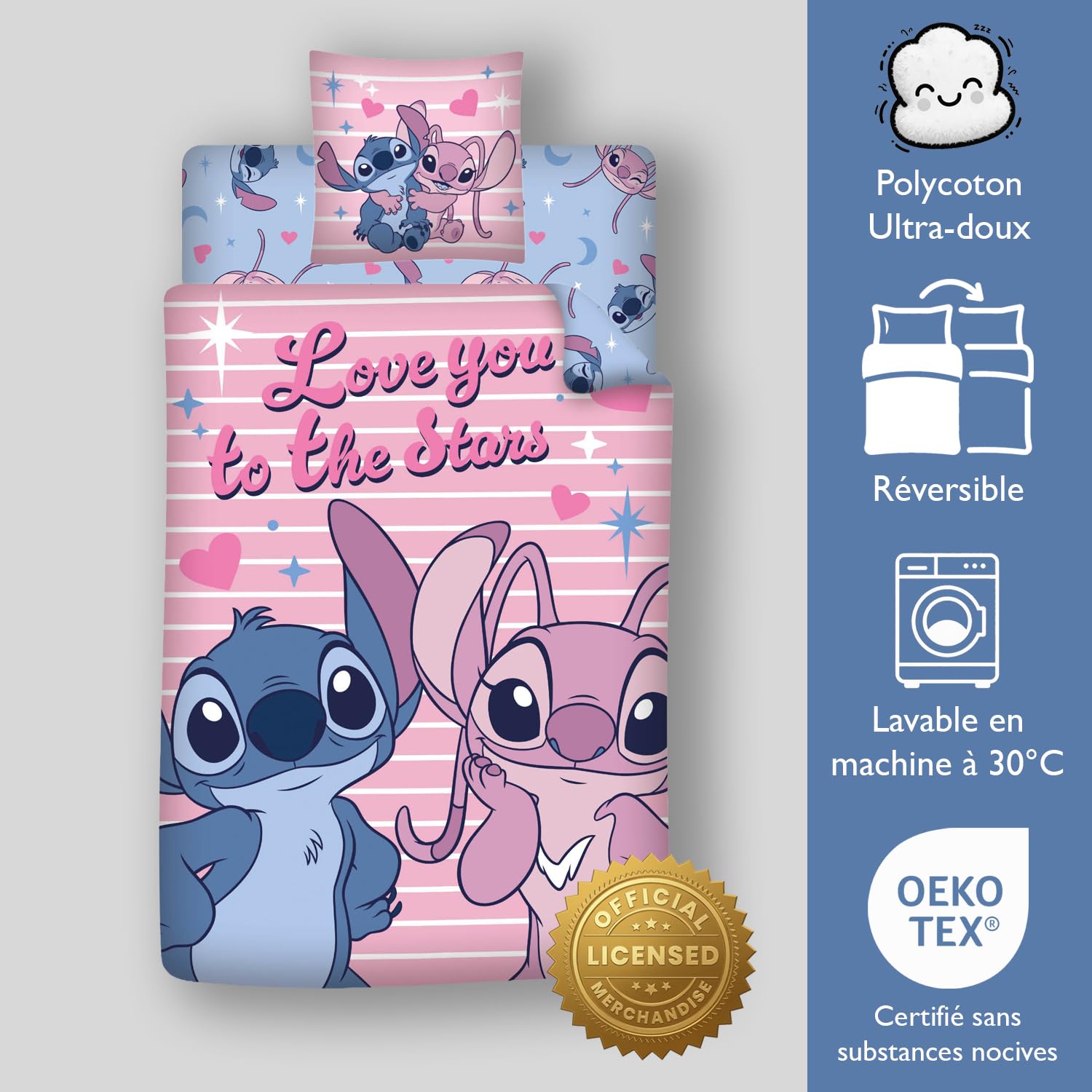 Stitch & Angel Parure de Lit 3 Pièces 140x200 + Drap 90x200 Love Stars | Housse de couette polycoton Oeko-Tex | Compatible 90x190-200 | Love You to the Stars | Licence Disney | Fille | Réversible