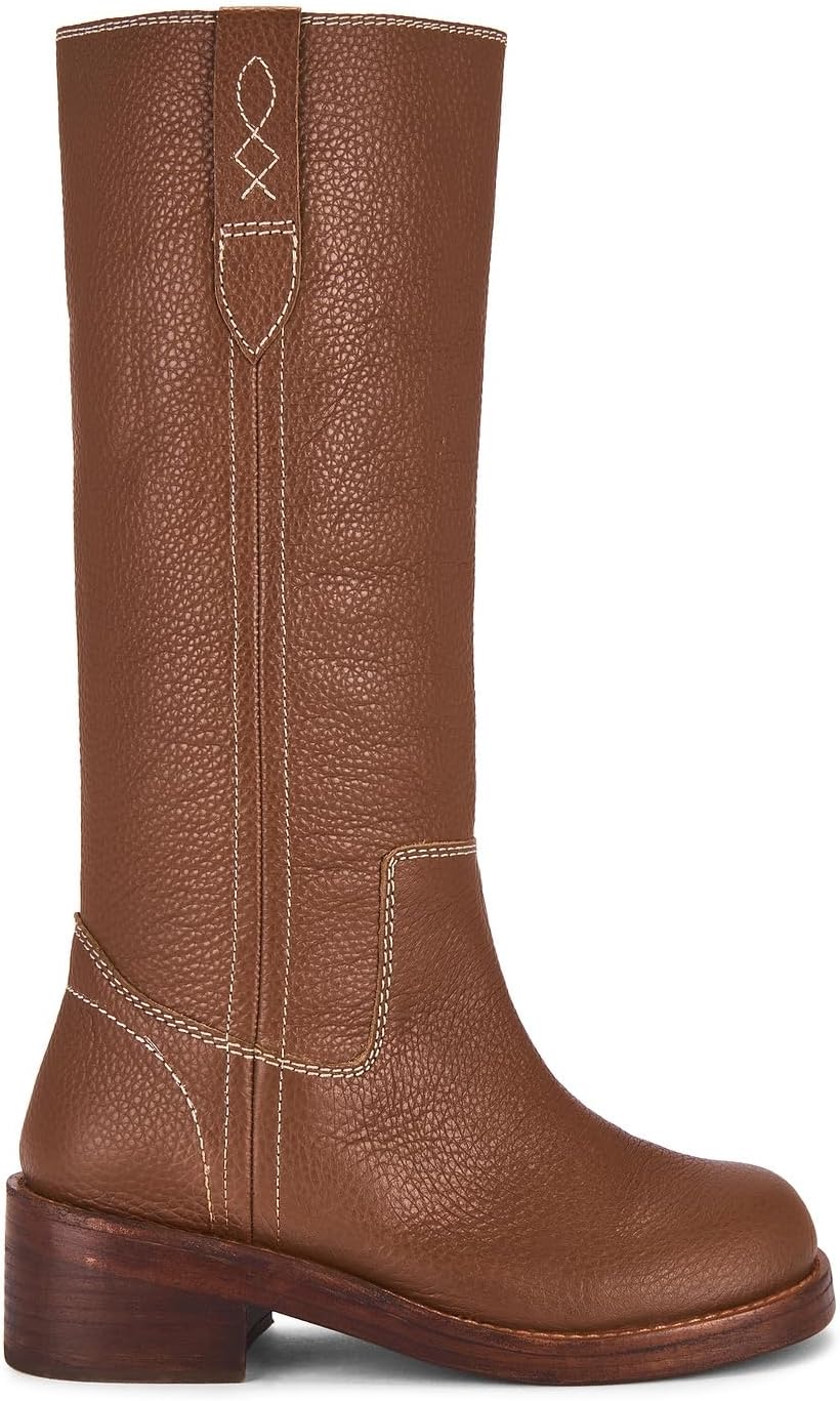 UniqueStride Women Knee High Boots Round Toe Low Chunky Heel Pull On Fashion Tall Moto Riding Boots