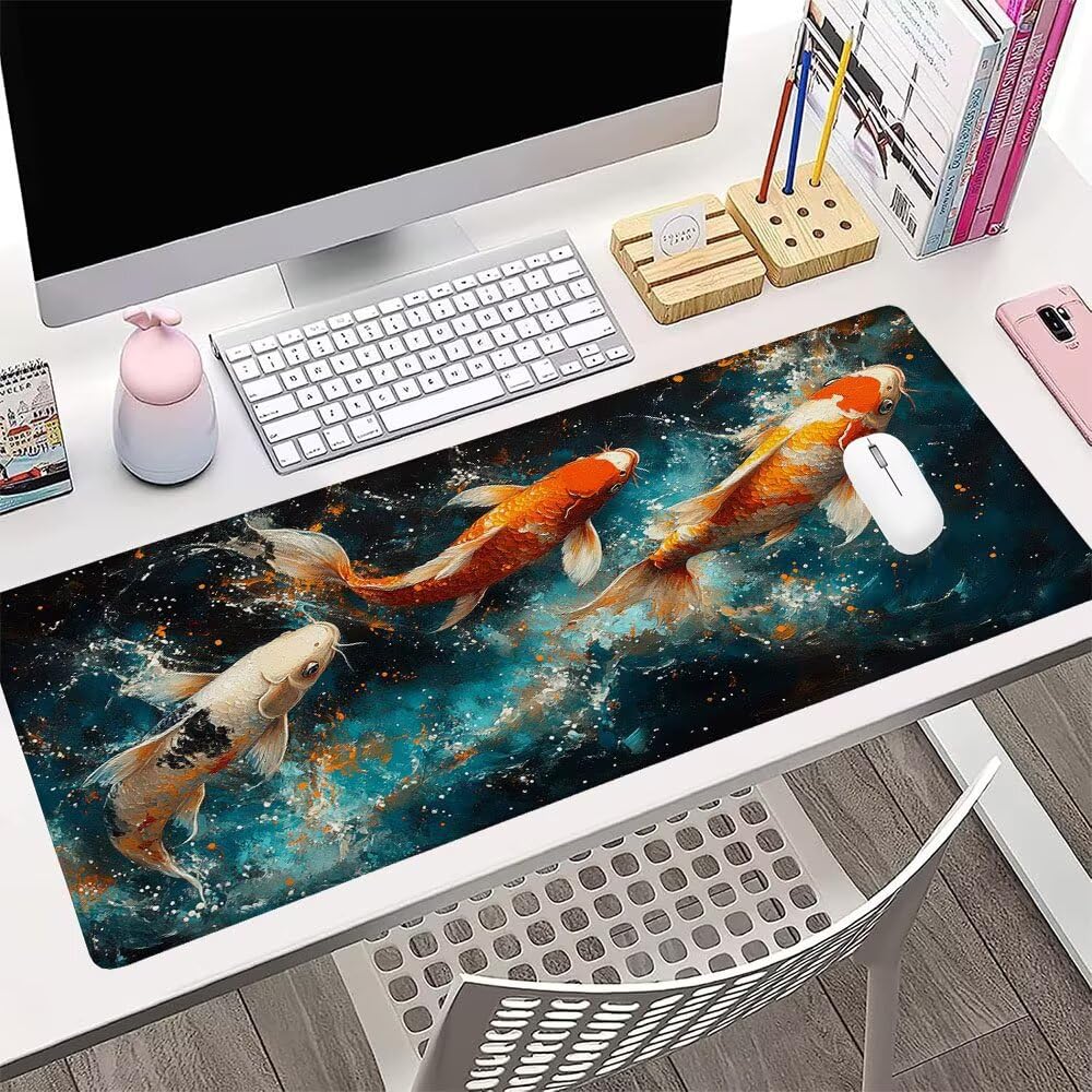 Czarna podkładka pod mysz XXL pod biurko do gier akcesoria do klawiatury podkładka pod mysz rozszerzona ryba szeroka mata do gier 1400 x 600 x 3 mm ochrona na biurko gumowa podstawa, przeszyte