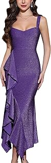 Women's Cocktail Formal Wedding Guest Dresses Party Prom Square Neck Bodycon Slit Sleeveless Ruffle Glitter Dress - Buy now