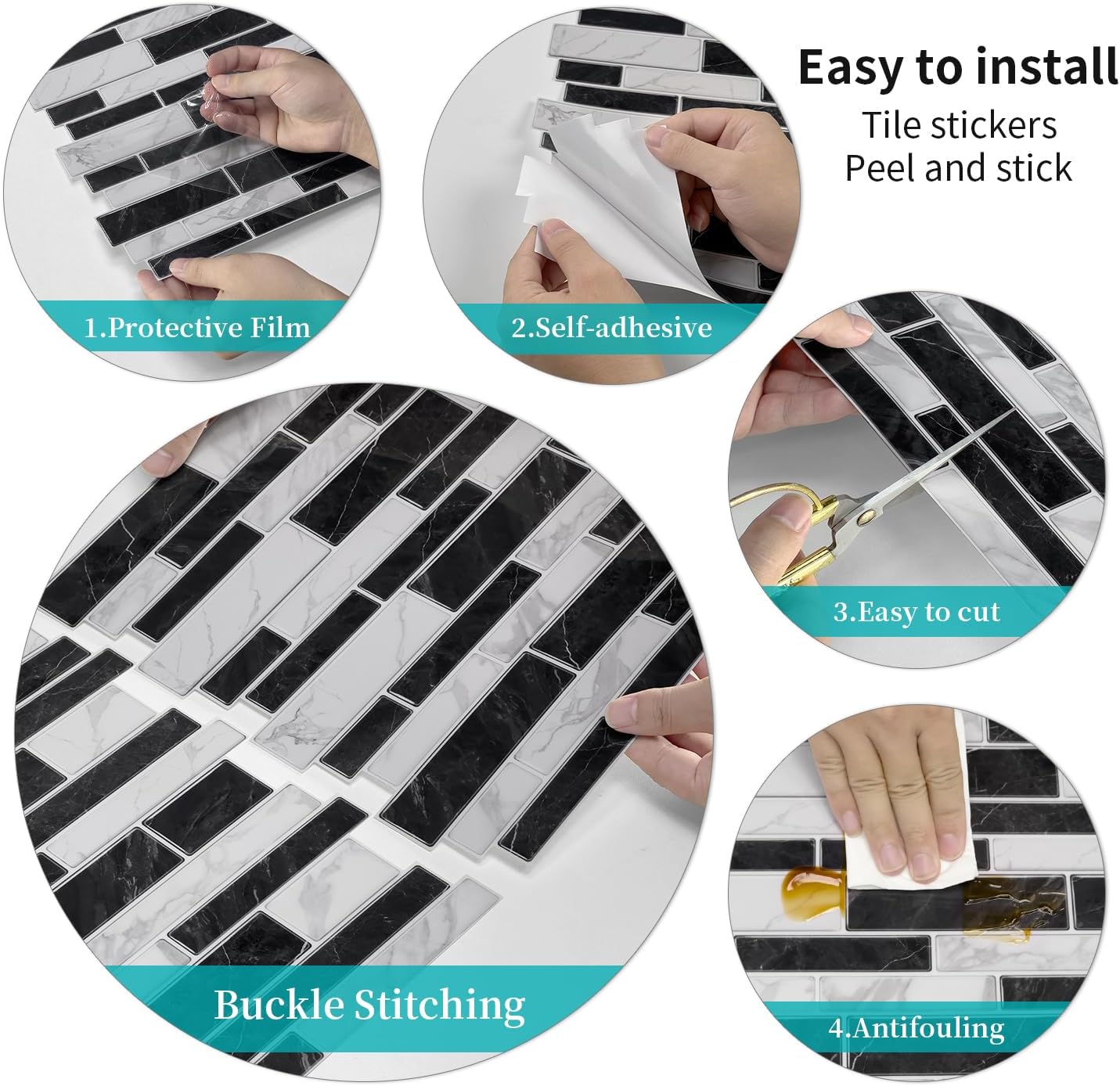 VICCI 12-Sheet Wall Stickers Peel and Stick Backsplash Tile Decals 12" x 12", Vinyl Self Adhesive Waterproof Wallpaper for Kitchen Bathroom Laundry Room, Marble Design (Black & White & Grey)