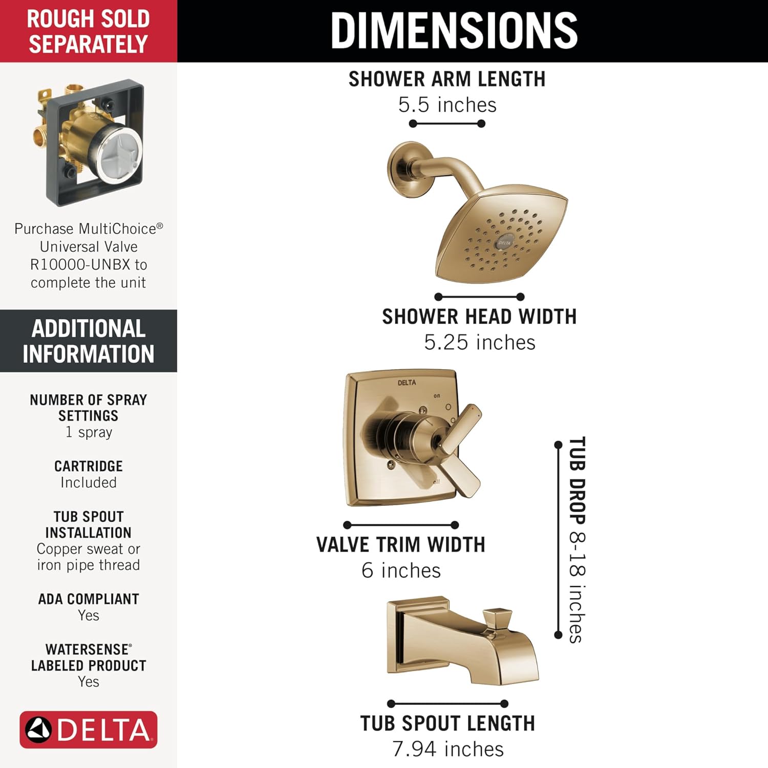 Delta Ashlyn 17 Series Dual-Function Bathtub and Shower Faucet Set, Gold 2-Handle Shower ValveTrim Kit, Champagne Bronze T17464-CZ (Valve Not Included)