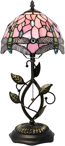 Small Tiffany Lamp Pink Dragonfly Style Stained Glass Table Lamps Desk Bedside Reading Light 8X8X18 Inches with Bronze Metal Leaf Resin Base Pink