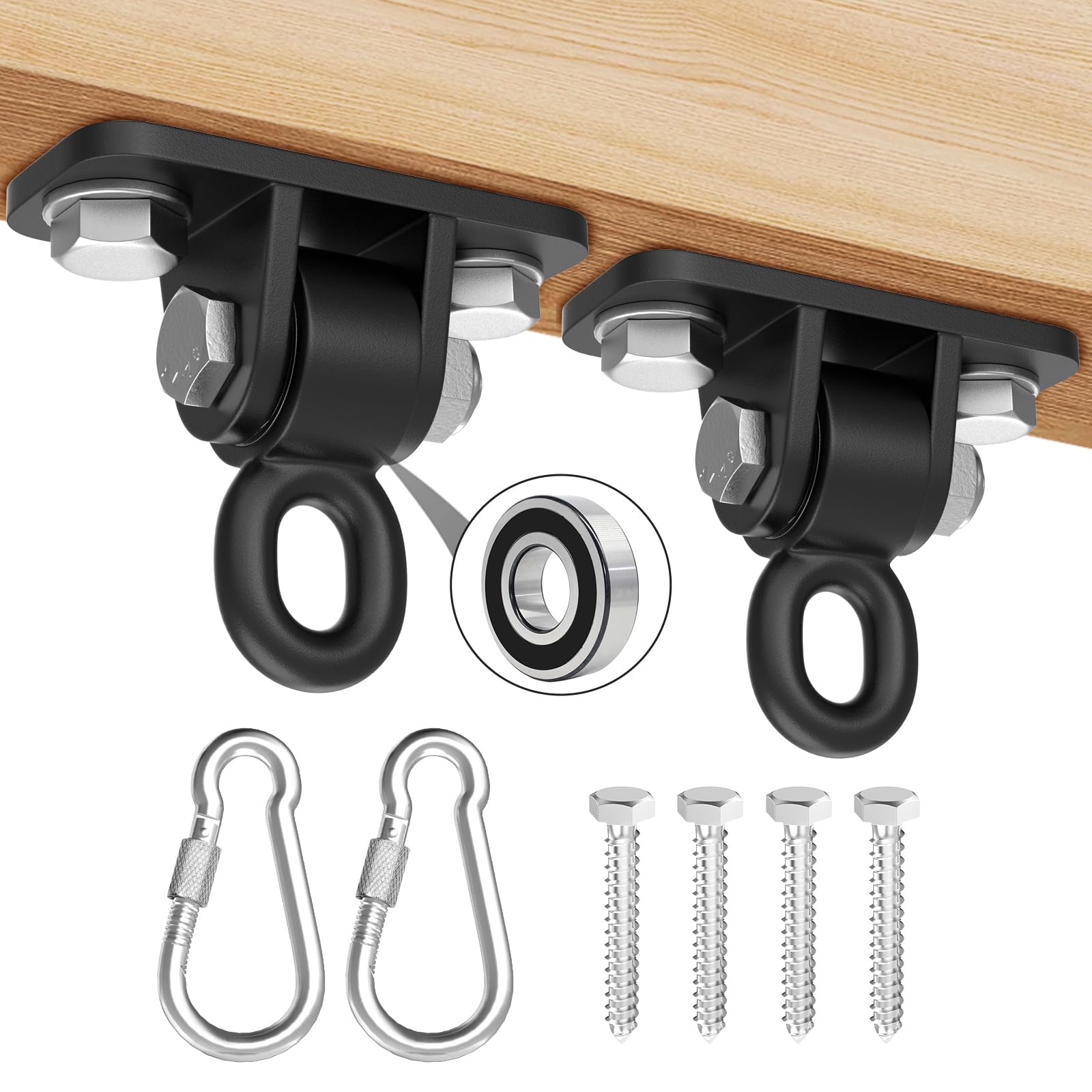 BETOOLL Swing Hangers with Bearing, Heavy Duty Porch Swing Hanging Kit for Outdoor Playground Tree Indoor Ceiling Mount Hardware Brackets Hooks for Yoga Hammock Punching Bag Accessories 2PCS Black