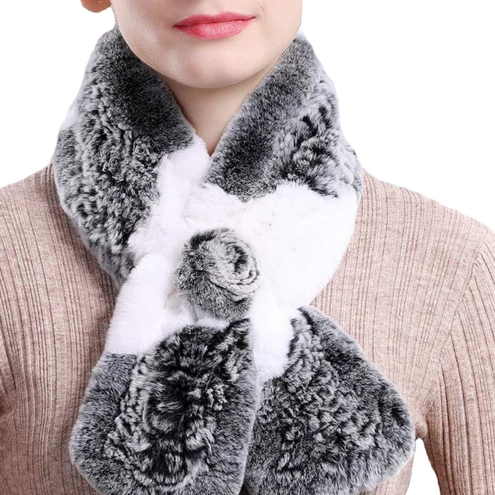 Valpeak Real Fur Scarves Women Winter Fur Neck Warmer Scarf Cold Weather Rabbit Knitted Fuzzy Fluffy