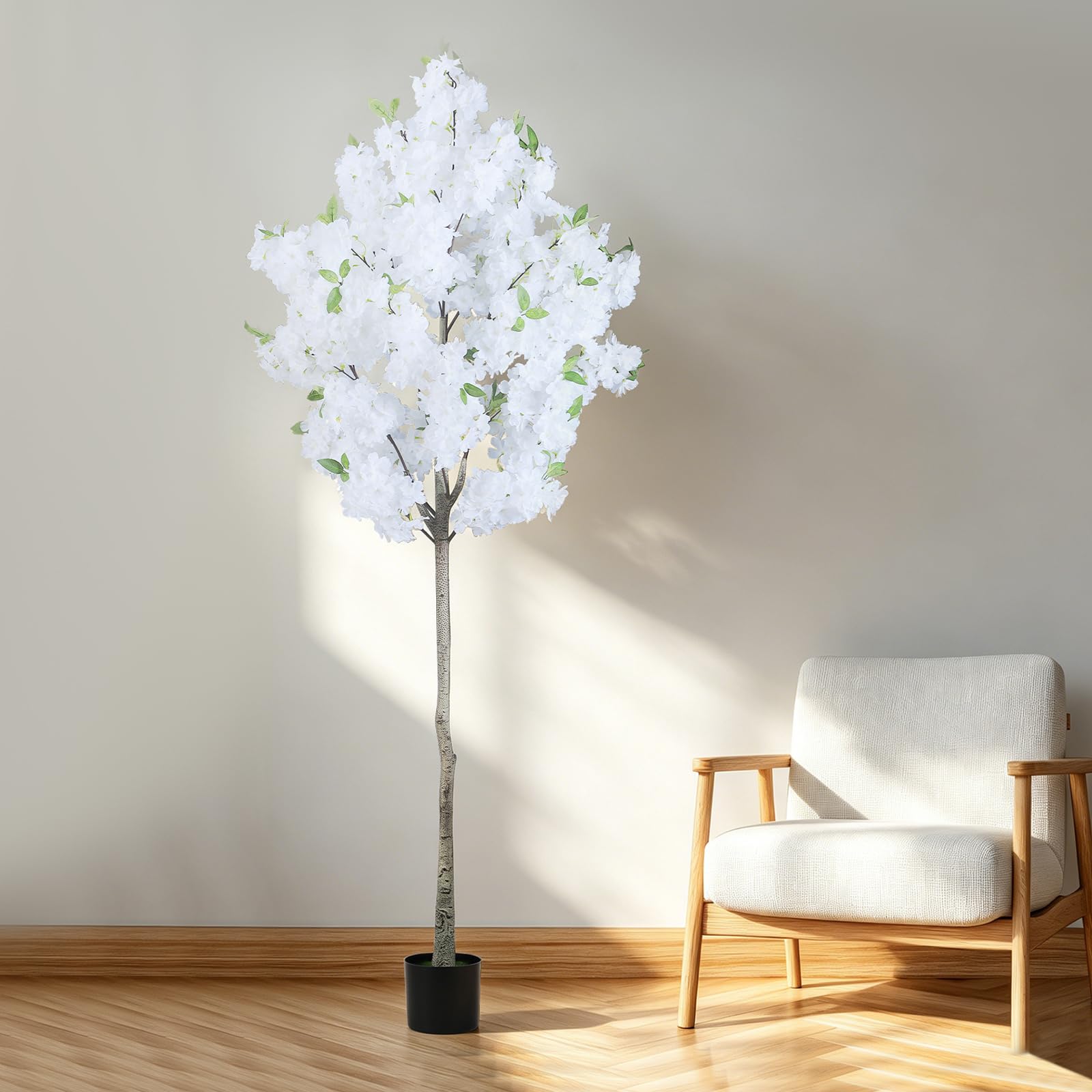 OUSHENG Künstlicher Kirschblütenbaum, künstliche Pflanzen, Innendekoration, künstliche rosa Sakura-Blumen für Wohnzimmer, Zuhause, Haus, Eingang, Schlafzimmer, Büro, Innendekoration, 1,8 m, Weiß