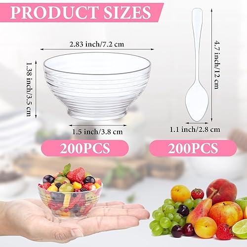 Miniatura 2 de Amyhill Paquete de 200 mini cuencos de plástico transparente de 3 onzas con 200 cucharas desechables para helados, a granel para ensaladas de