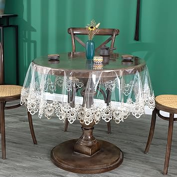 Transparent Outdoor Table Cloth, 2-Piece Clear Plastic Waterproof/Oil-Proof Table Cover, PVC Round Tablecloths with Bicolor Hollowed Lace Edge for Kitchen Dinning Decoration,150cm