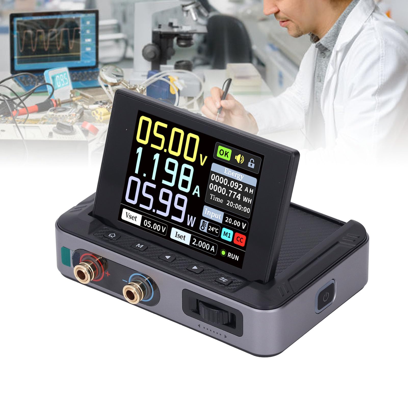 Fabater Przenośny Zasilacz Prądu Stałego 0–30 V 0–5 A 150 W, Mini Regulowany Zasilacz Impulsowy z Ekranem IPS 2,8 Cala, Regulowany Laboratoryjny do Elektroniki, Obsługa PD QC