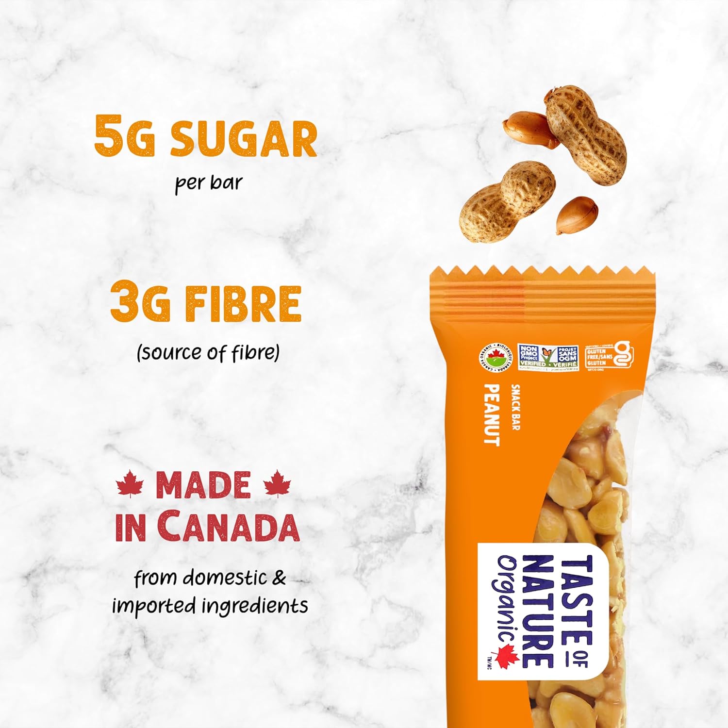 Taste of Nature Organic Peanut Snack Bar - Healthy, Gluten Free, Non GMO, Vegan Snack Bars with Mixed Nuts, Fruits and Seeds - 16 Snack Pack x 40g Each Bar
