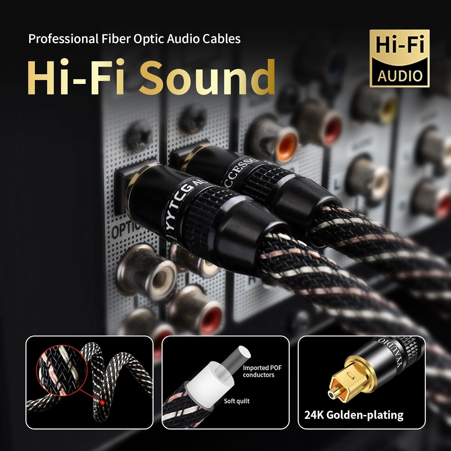 Audiophile HiFi Optical Audio Cable – POF, 24K Gold-Plated Plugs, Digital Optical Audio Cable with Nylon Braid,Compatible with AV receivers,TV,Speaker,CD & Home Theater(9.84ft/3m)