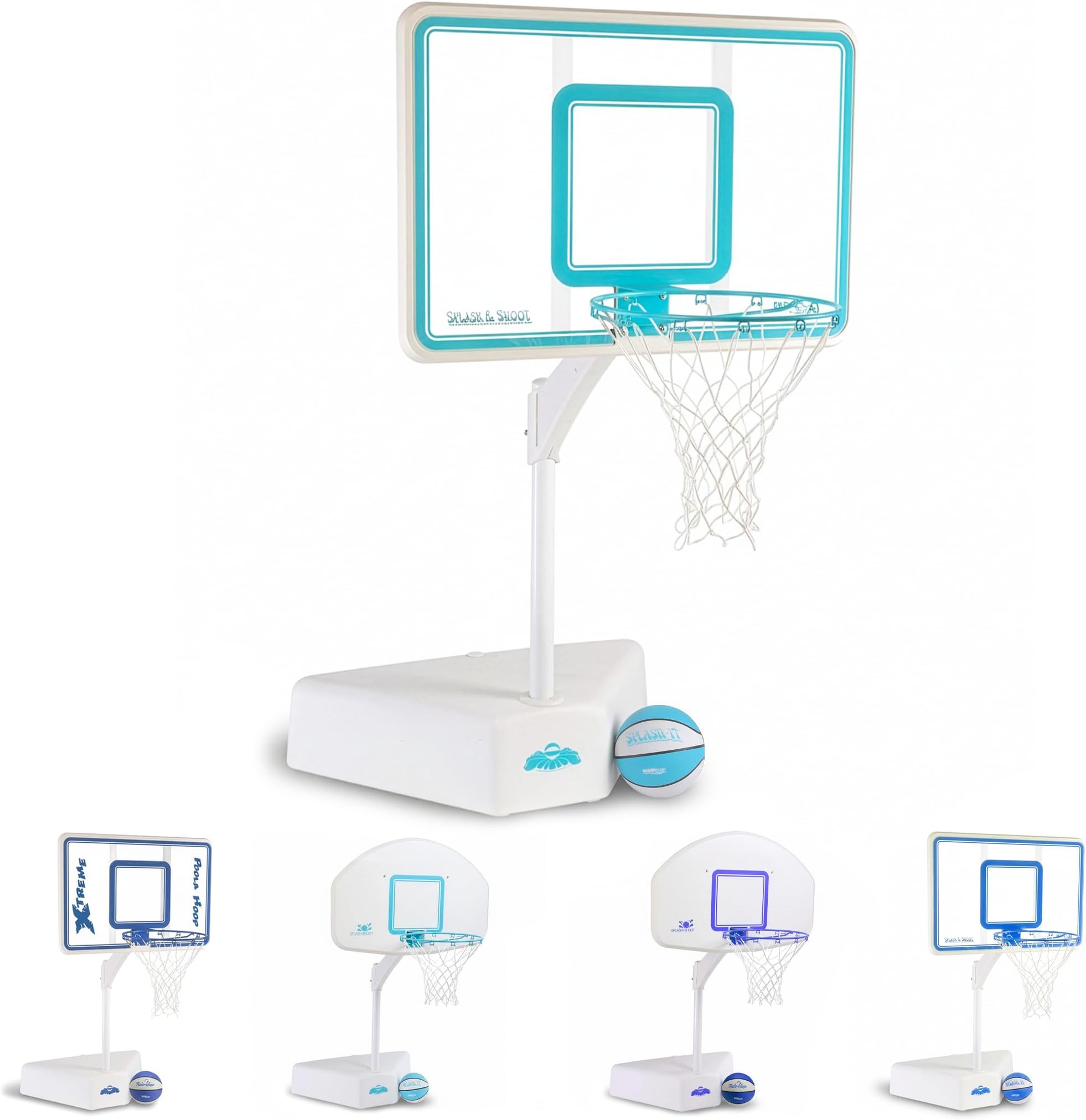 - Dunn-Rite Splash & Shoot Pool Basketball Hoop, Adjustable Height Backboard – 200lbs Water-Filled Base, Stainless Steel Rim & Waterproof Basketball, Made in USA, Clear Aqua