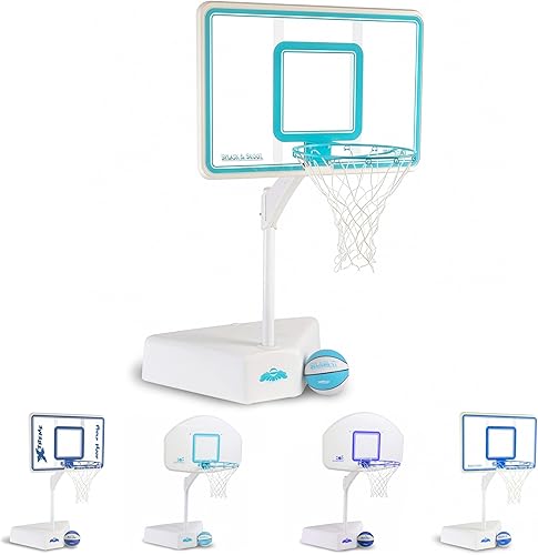 Dunn-Rite Splash & Shoot, aro de baloncesto ajustable para piscina al aire libre con altura variable, pelota, base y borde de acero inoxidable de 18