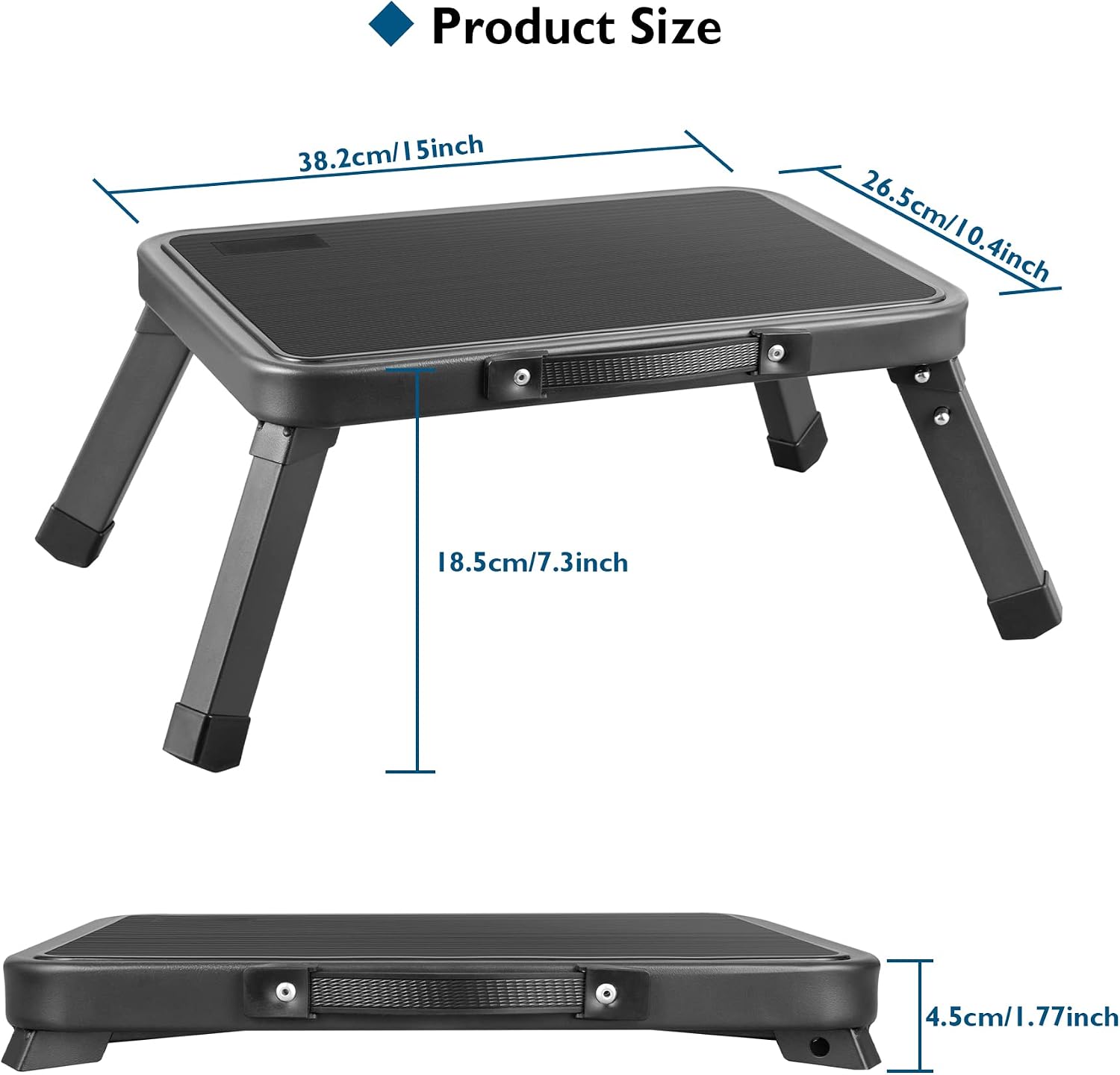 BONTEC One Step Stool, Portable Folding Metal 1-Step Steel Ladder Stool, 330lbs Capacity Foldable Wide Single Black Foot Stool for Adults or Children in Kitchen Toilet RV Camping Office