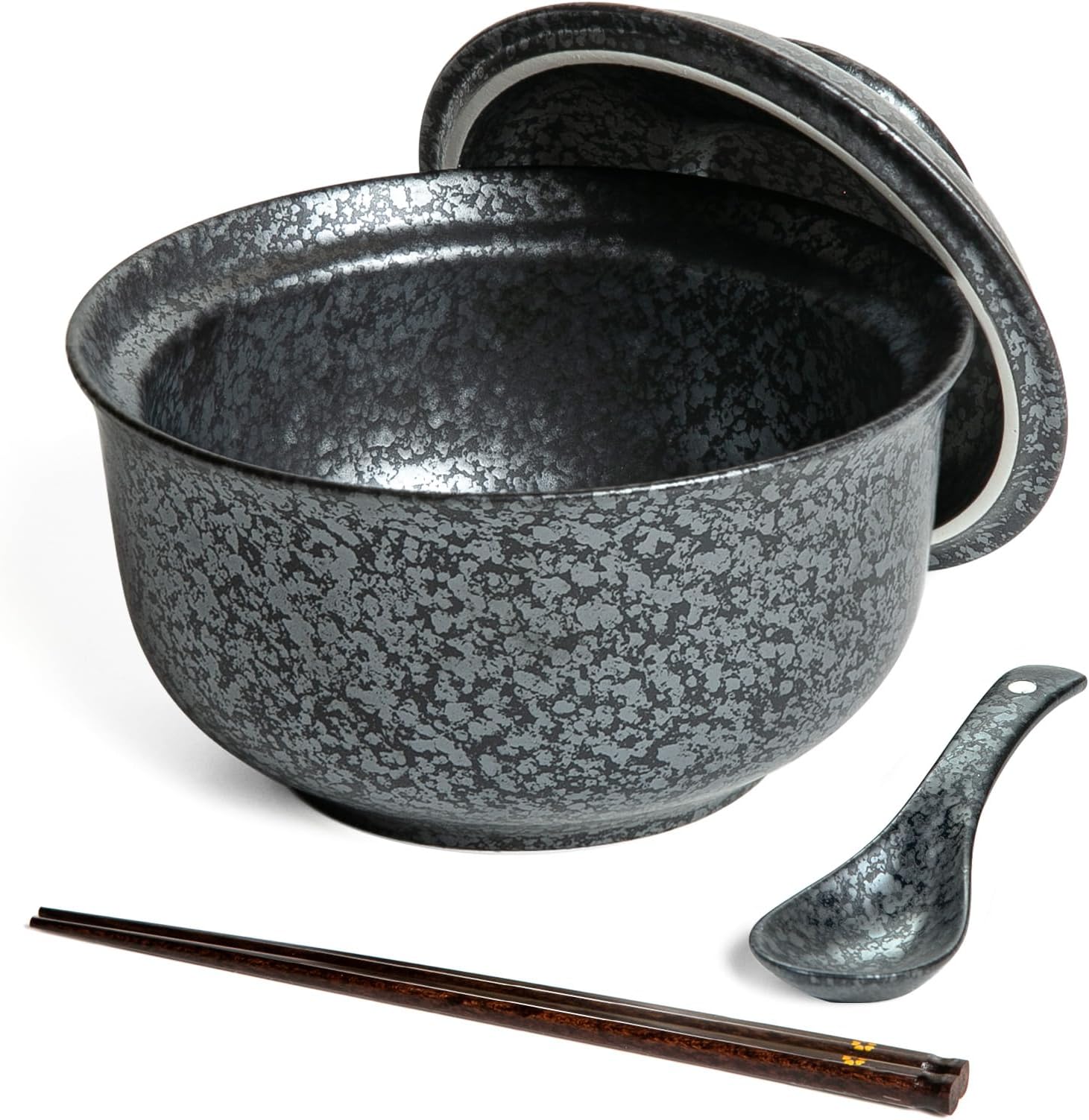 Ceramic Ramen Bowl Set Ramen Noodle Bowl with Lid 27oz Japanese Retro Style Soup, Pho, Udon Bowls, Matching Spoons and Chopsticks for Microwave & Dishwasher Safe, Black