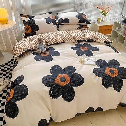 Miniatura 2 de CLOTHKNOW Juego de edredón floral negro tamaño matrimonial, juego de ropa de cama de girasol, edredón a cuadros de calabaza, edredón beige y negro