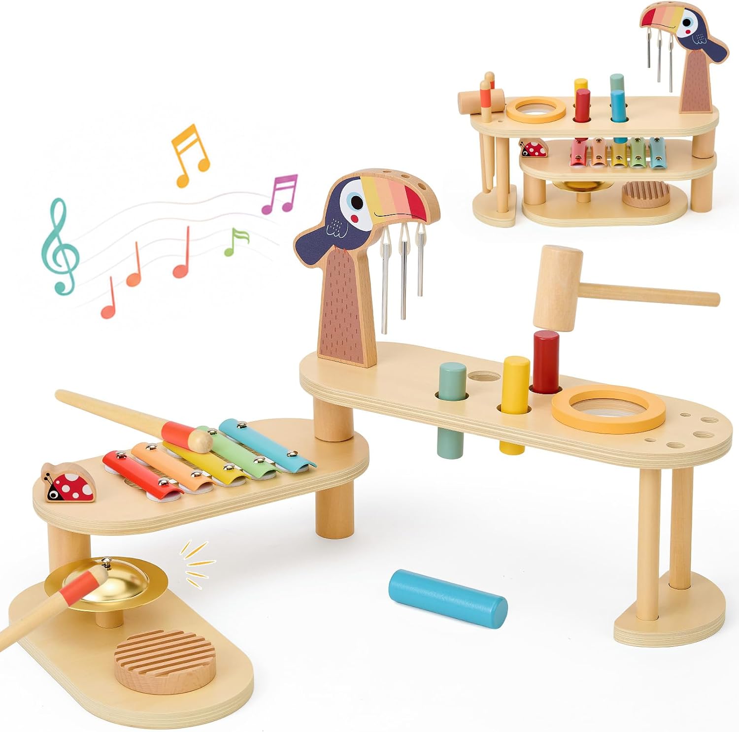 Foldable Musical Instruments Stage , 8-in-1 Montessori Wooden Toys Set Baby Musical Toys with Drum Set Xylophone Wind Chimes Cymbal, Toddlers Activity Table Birthday for Girls Boys
