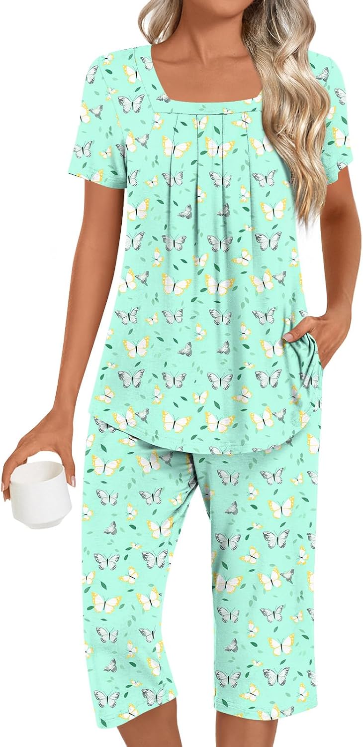 LONGYUAN Women's Pajamas Sets 2026 Summer Short Sleeve Soft 2 Piece Lounge Sleepwear Pjs M-3XL