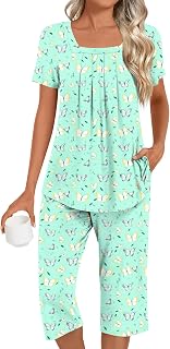 LONGYUAN Women's Pajamas Sets 2026 Summer Short Sleeve Soft 2 Piece Lounge Sleepwear Pjs M-3XL