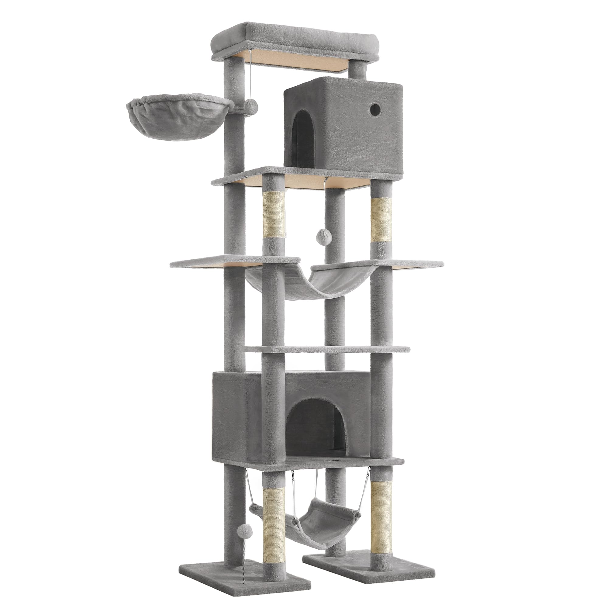 Feandrea Albero per Gatti Grande, Tiragraffi Multilivello XXL, Alto 201 cm, con una Piattaforma, un'Amaca, 2 Casette per Gatti, 2 Amache, Kit Antiribaltamento, Grigio Chiaro PCT195G01V1