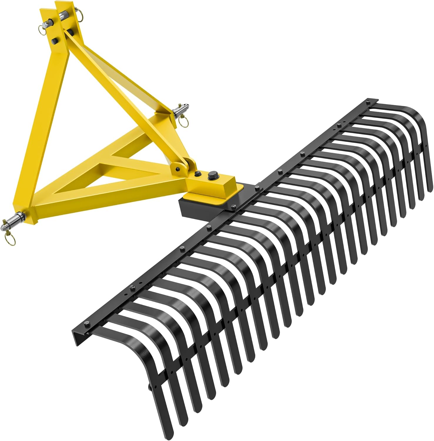 60" 3 Point Rock Rake for Tractors, Heavy-Duty Landscape Rake with 360° Rotation, Category 1 Hitch Attachment, Tow-Behind Pine Straw Harrow for Garden, Lawn Care, Farm, Black & Yellow