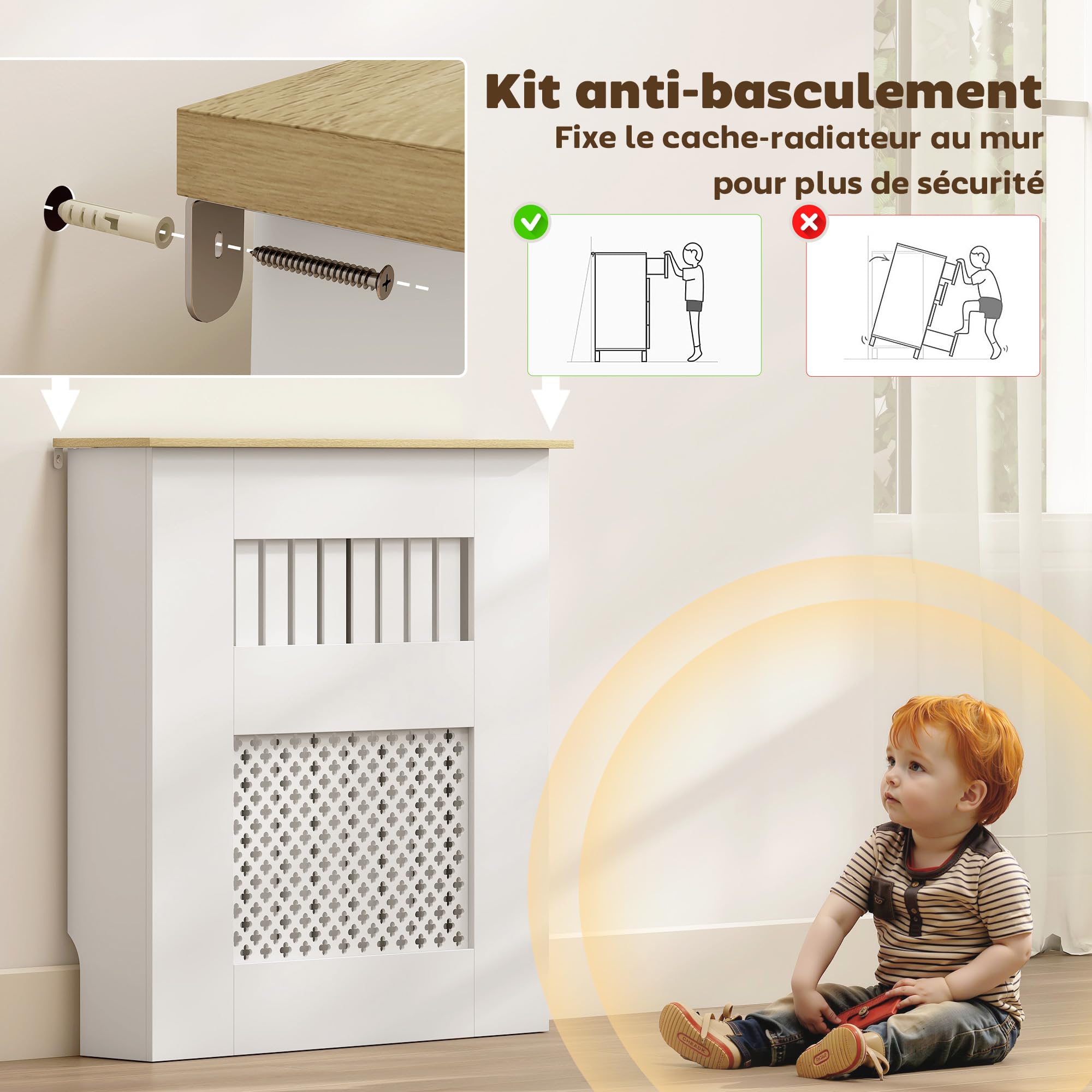 HOMCOM Couvercle de Radiateur en Bois, Cache Radiateur Moderne à Lattes avec Détails Croisés et Étagère Supérieure, pour Salon, Chambre à Coucher, Couloir, 78 x 19 x 81 cm, Blanc