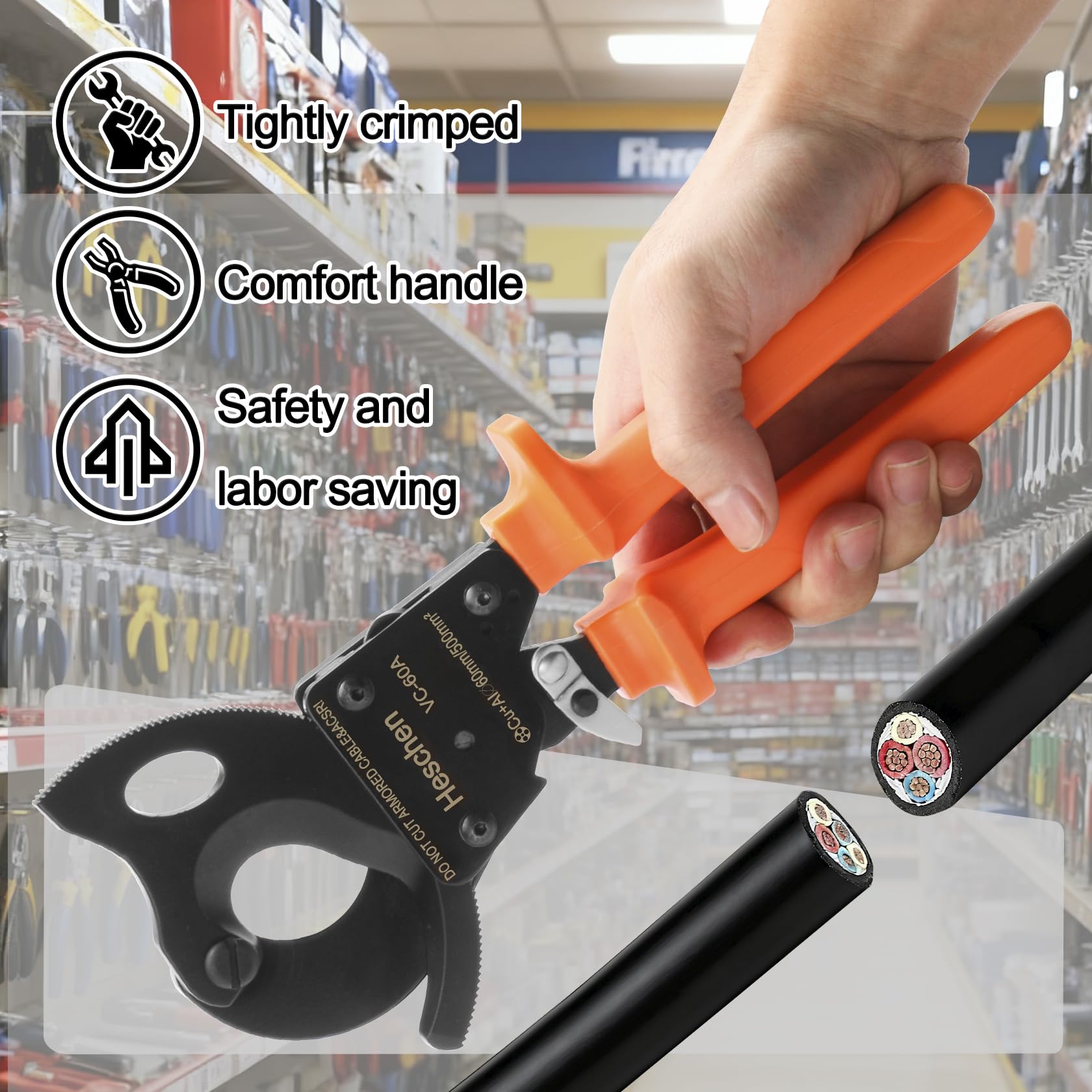 Heschen Tagliacavi a cricchetto VC-60A da utilizzare per pinza spelafili a mano da 60 mm/500 mm²
