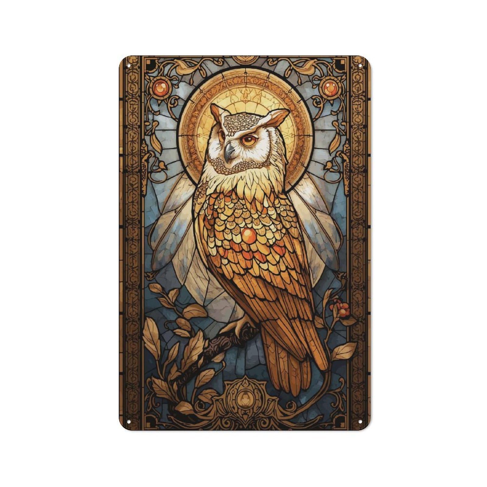 Junmoney Style-14 Owl Stained Glass Rustic Metal Sign 30X20cm For Garden Room Or Summerhouse, For Summerhouse Decorators