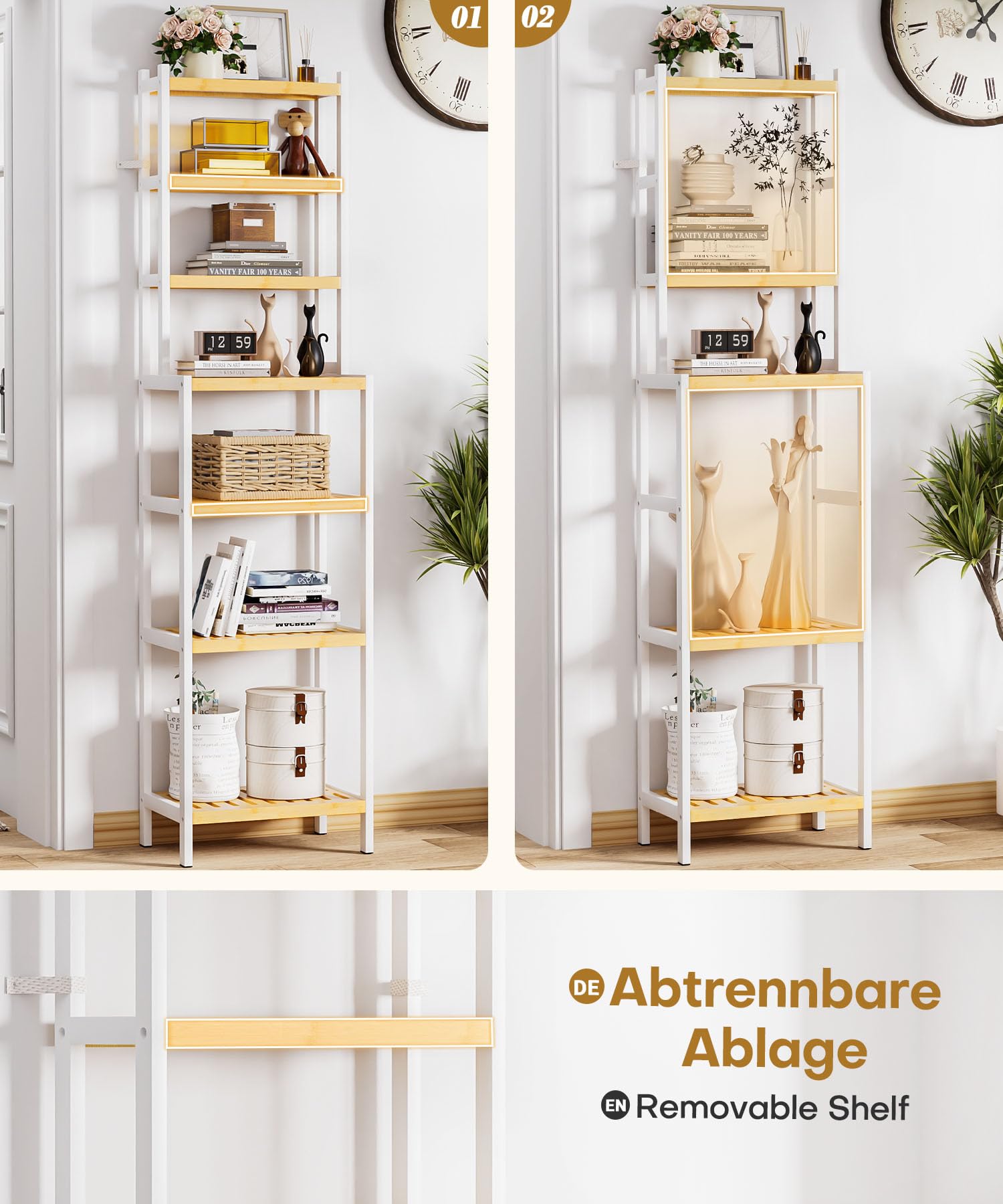Yorbay 7 Ebenen Bambus Regal: Badregal Standregal Schmal mit Kippsicherung | 110kg Gesamttragkraft Platzsparendes Küchenregal für Schmalen Raum - Stabiles Bambusregal Weiß für Flur Balkon-Pflanzenregal
