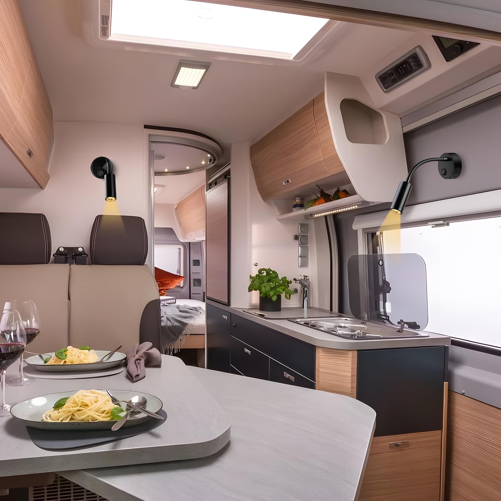 ERWEY 2 pezzi LED 12V Camper Lampade da Lettura Lampada da Parete camper a collo d'oca flessibile con USB, 3W 3000K DC 10-30V illuminazione interna per caravan yacht barca, nero