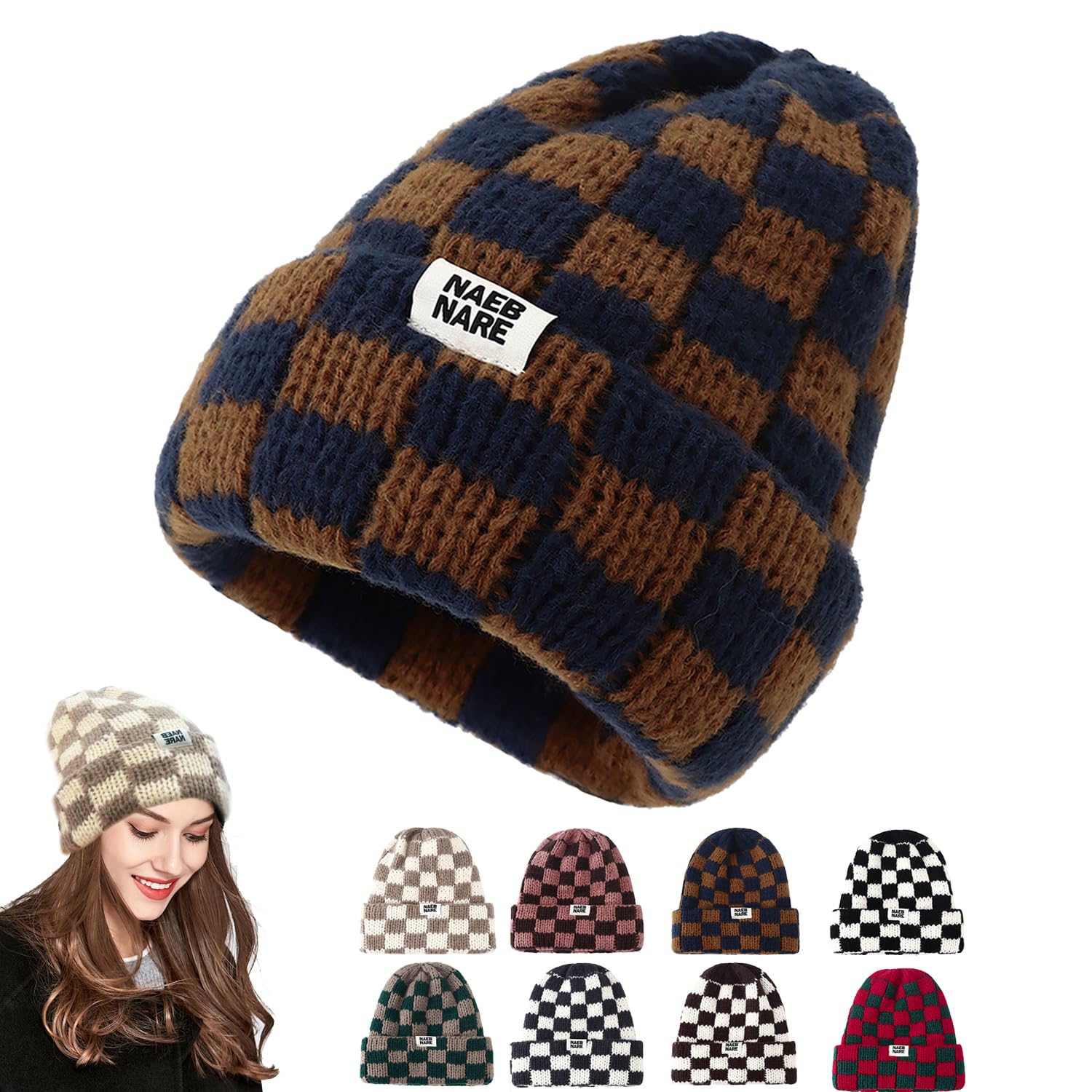 Haooie Women's Green-Yellow-A Cuffed Knit Beanie Hats For Checkerboard Plaid Hat Y2k Stretch Winter Beanies Skull Cap Warm Ski Caps, M