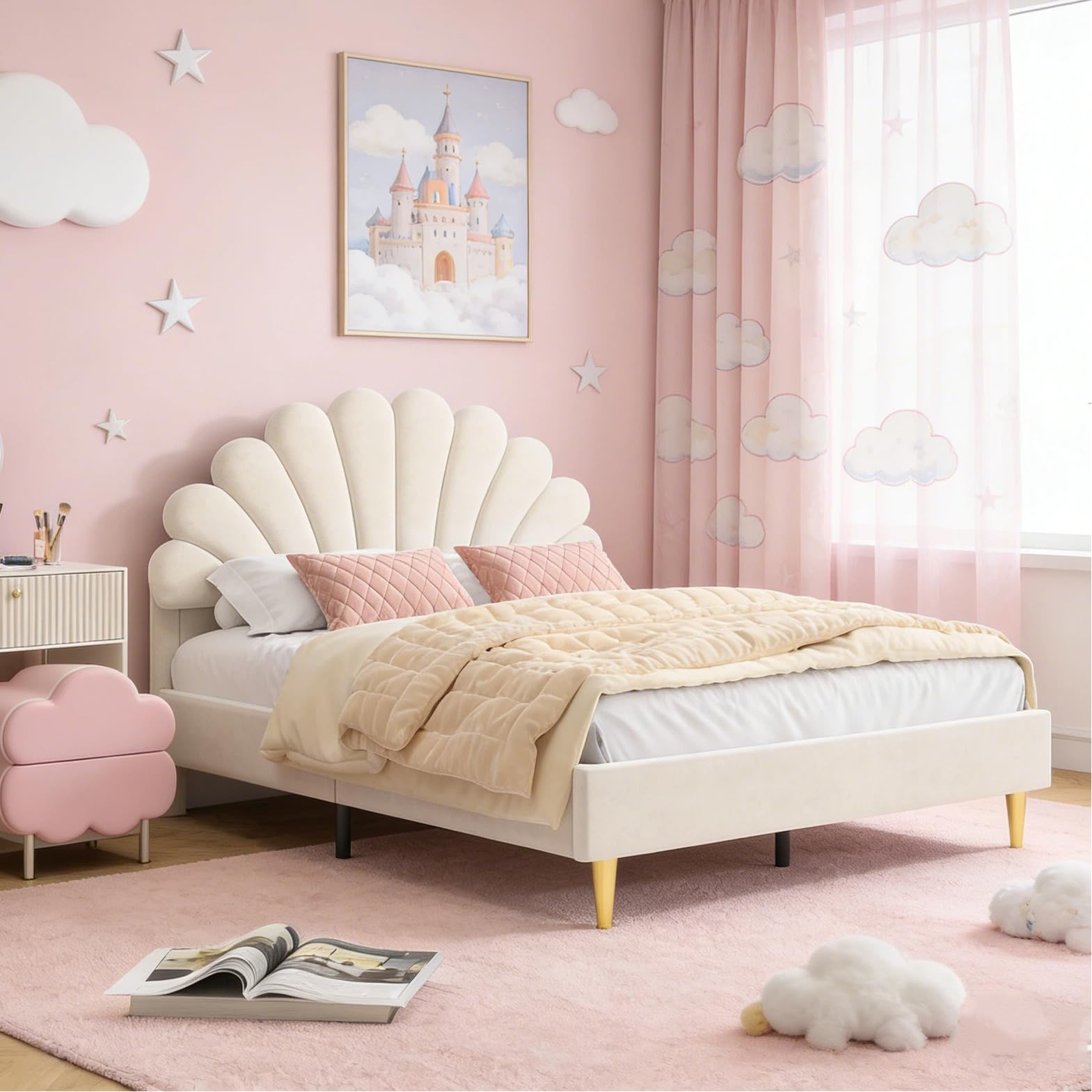 BRILVERDE Lit de Fille 140x200 cm, Lit Princesse avec tête de lit Fleurie, Cadre avec Sommier à Lattes, pour Filles, pour Enfants et Adolescents, Velours (Beige, 140 x 200 cm)