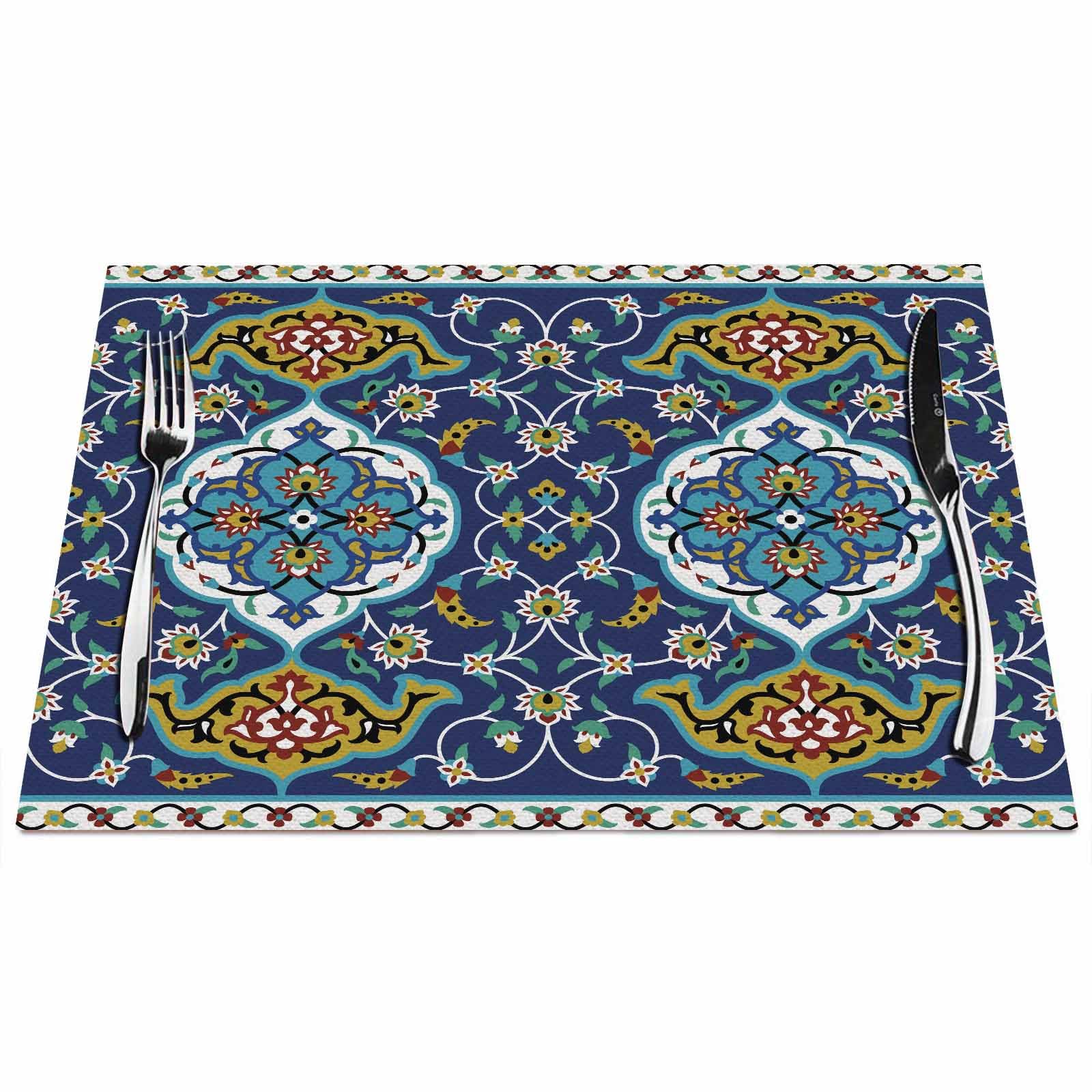 Walmsco Placemats Blue Moroccan Pattern Art Style Decor For Dining Room Kitchen Table,Waterproof Non-Slip Washable Heat Resistant Placemats,Set of 4,12"x18"