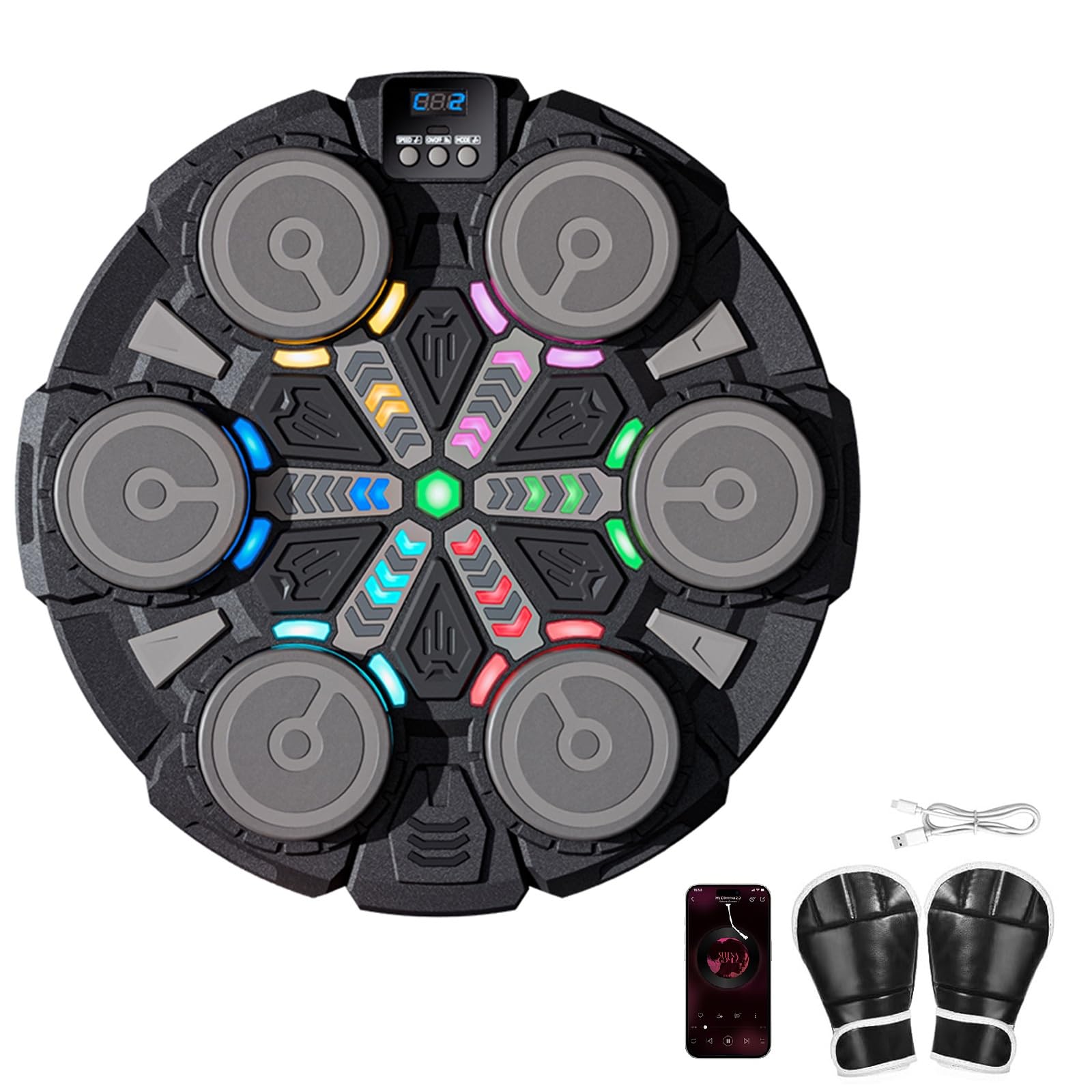 Music Boxing Machine for Kids, Bluetooth Wall Mounted Punching Pad with Gloves, Score Display & Rhythm Lights, Smart Boxing Equipment Training Pad, Sport Toys Gifts for Boys Girls (Black)