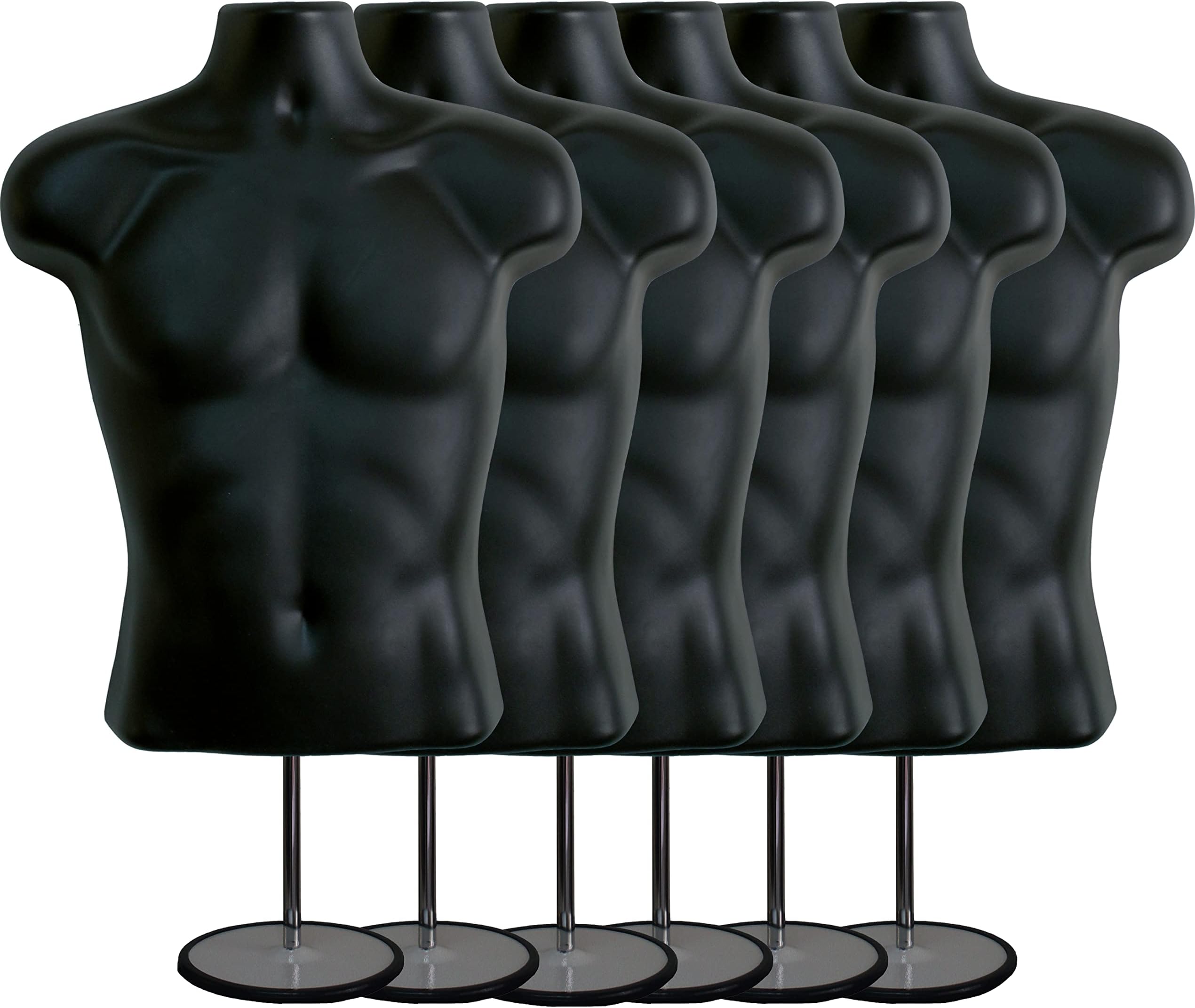 DisplayTown Male Mannequin Torso with Metal Stand Hollow Back Body Stackable Dress Form for Tshirt Display, Countertop, Craft Shows, Photos and Design, S-M Clothing Size (Black, Set of 6)