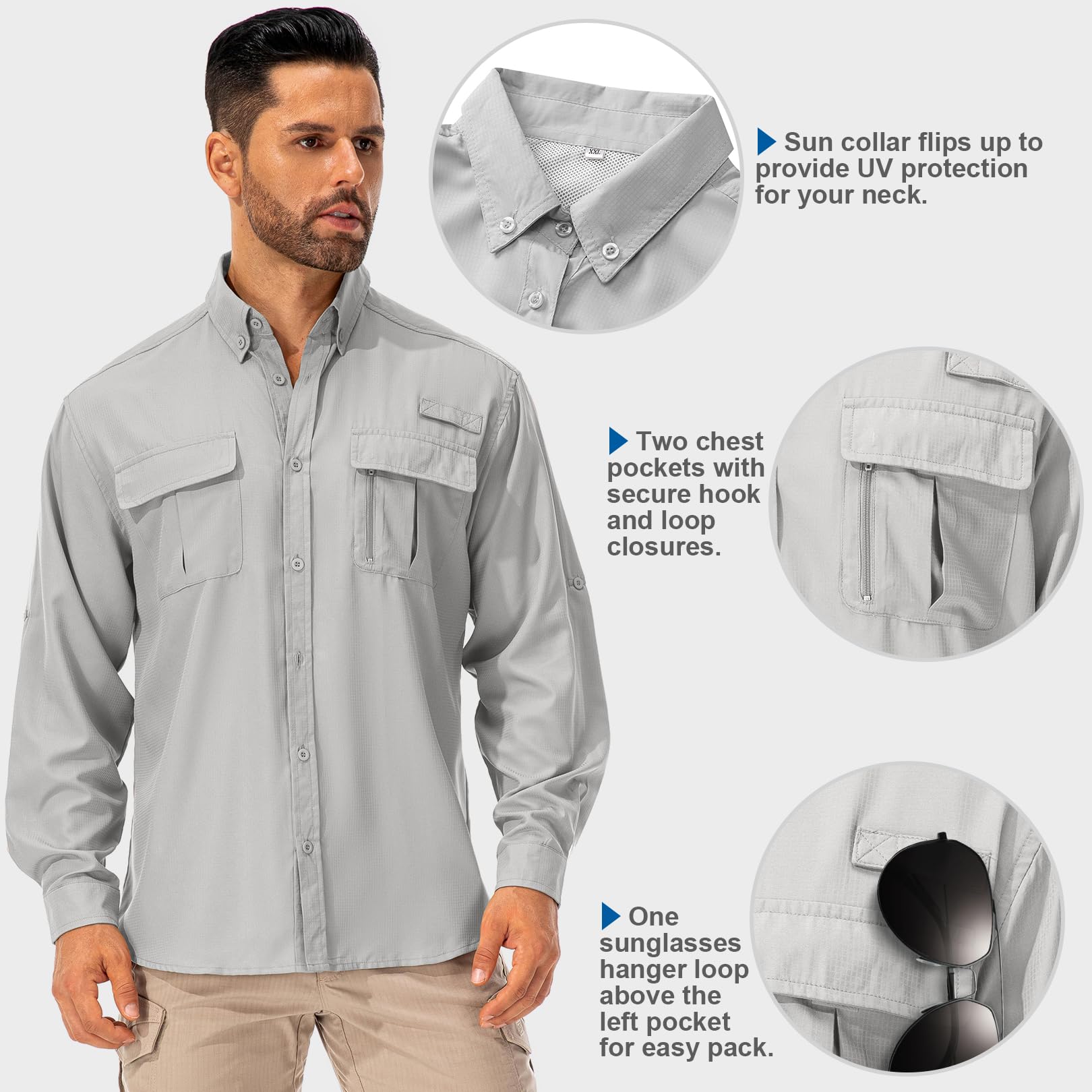 Asfixiado Camicia da uomo Safari UPF50+, a maniche lunghe, traspirante, ad asciugatura rapida, funzionale, per il tempo libero