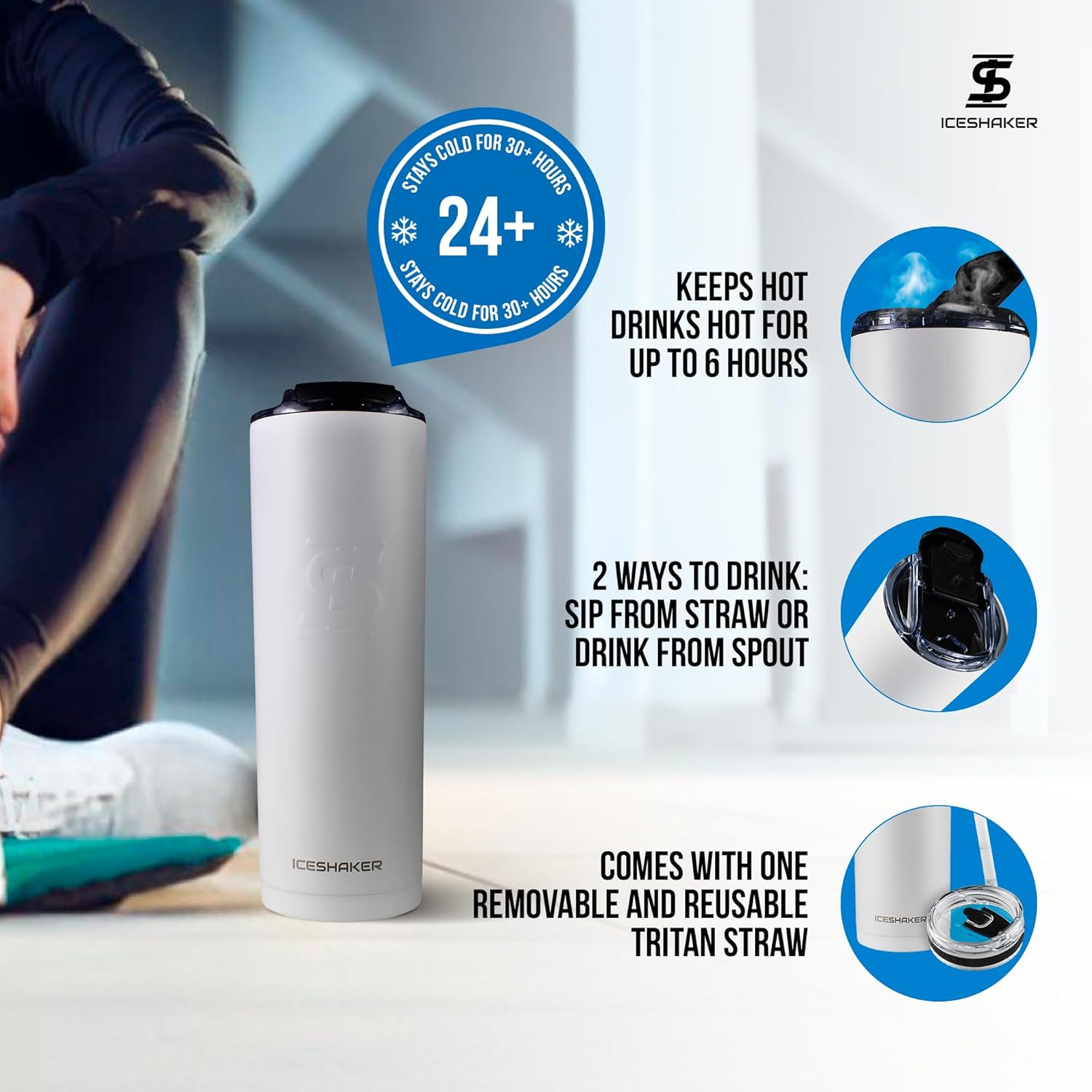 Ice Shaker Insulated Stainless Steel Tumbler | 20 oz, White | 24+ Hours Cold & 6+ Hours Hot | Removable Straw and Drink Spout | Odor-Free Tumbler Cup Water, Coffee, Tea, Smoothies, Cocktails - Image 3