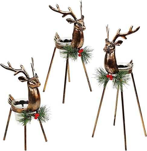 Miniatura 7 de Juegoal Juego de 3 portavelas de reno para velas tealight, decoraciones navideñas de hierro en metal, portavelas de vidrio para votiva, centro de