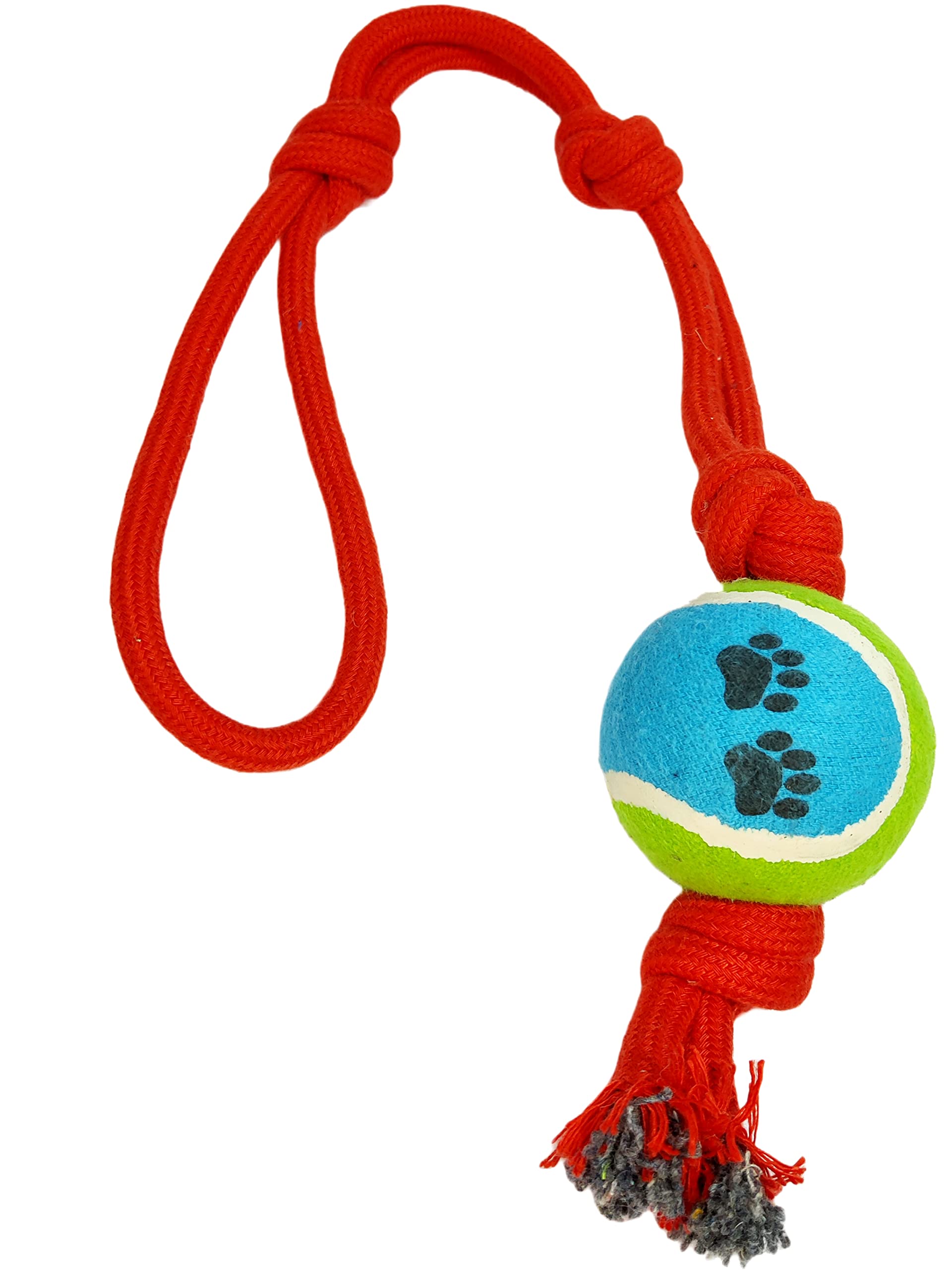 Chullbull Pet Products Tennis Ball Cotton Polyester Blend Throw and Fetch Toy for Dogs Outdoor Playing Slingshot Rope Toy with Tennis Ball Ruby Woof Red, for Pomeranian German Shepard Labrador