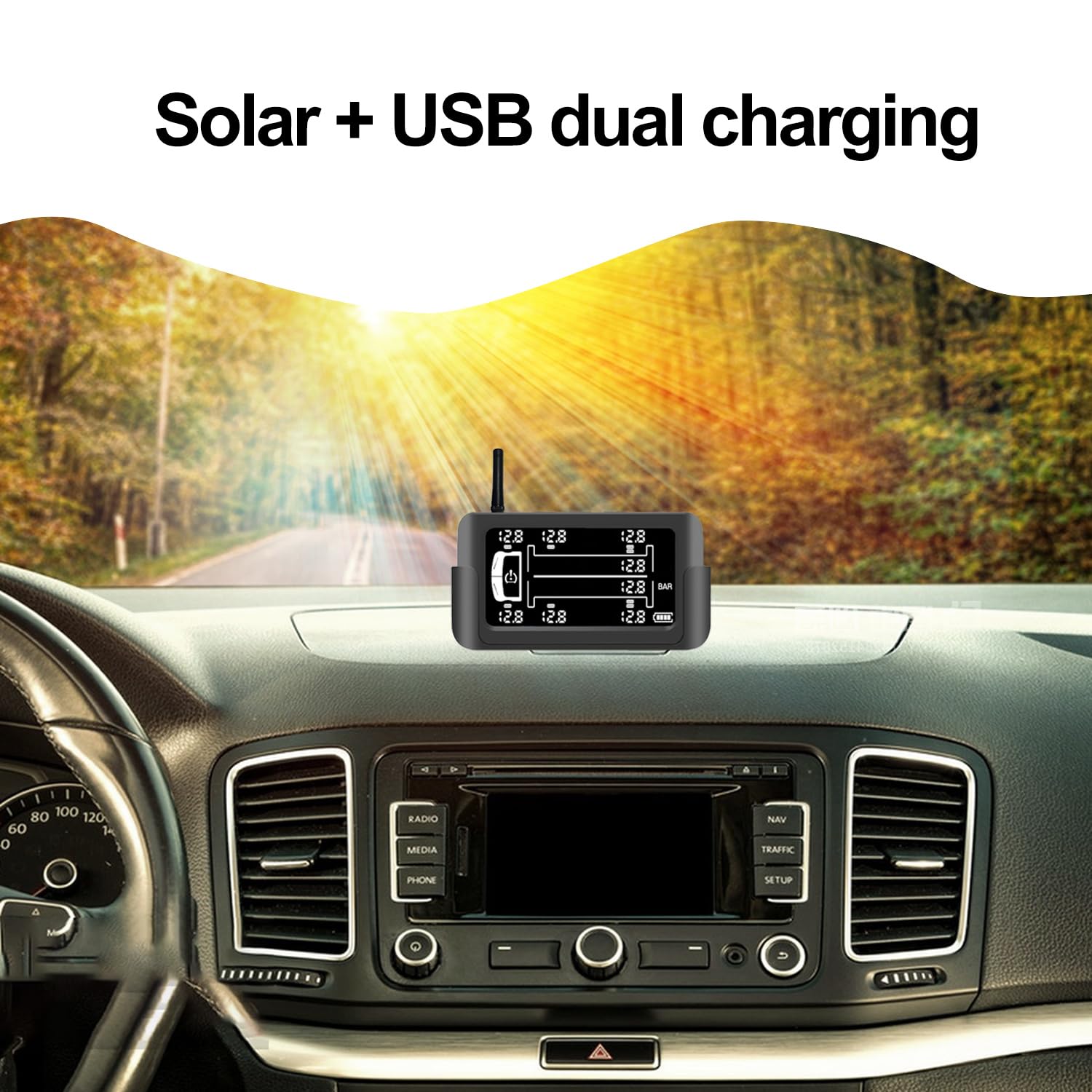 Solar TPMS Bandenspanningscontrolesysteem Realtime externe sensor Universeel draadloos LCD-scherm Waterdicht PSI/BAR en C/F-eenheid Optioneel
