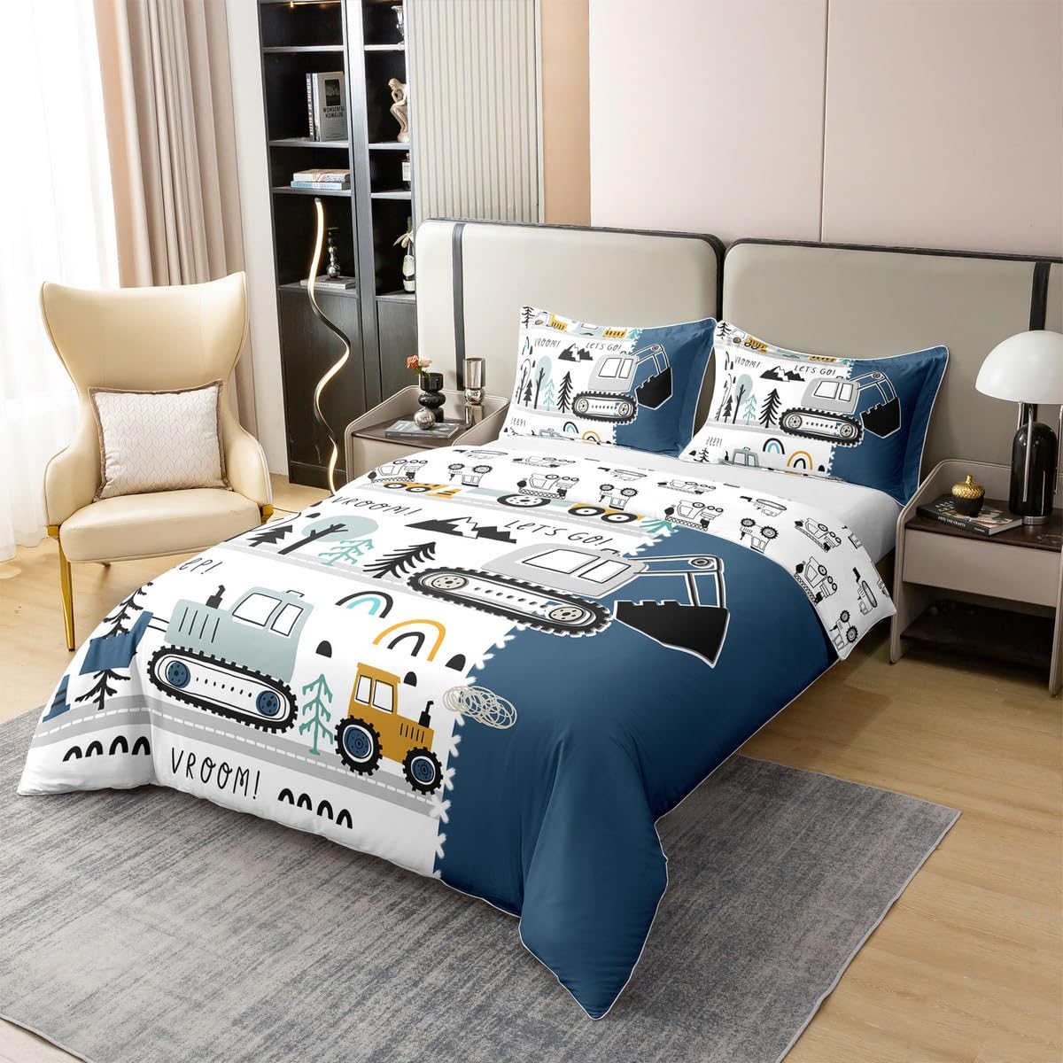 Erosebridal Pure Cotton Reversible Construction Full Size Bedding,Cartoon Truck Duvet Cover Comforter Set for Boys Excavator Vehicle Bedding,Kawaii Comfy Cozy Room Decor Blue