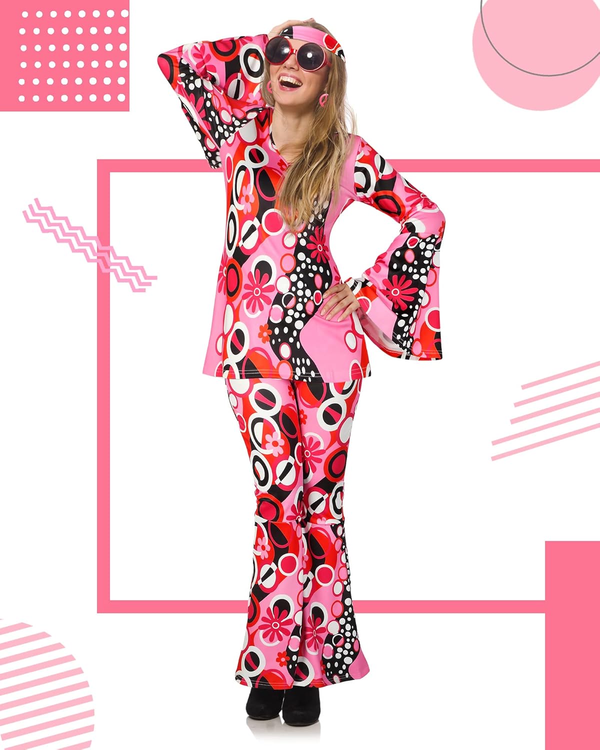 Haysandy 70s Outfit Women Disco Hippie Costume Accessories Pink Peace Disco Bottom Pants for Carnival Halloween Cosplay - Image 4